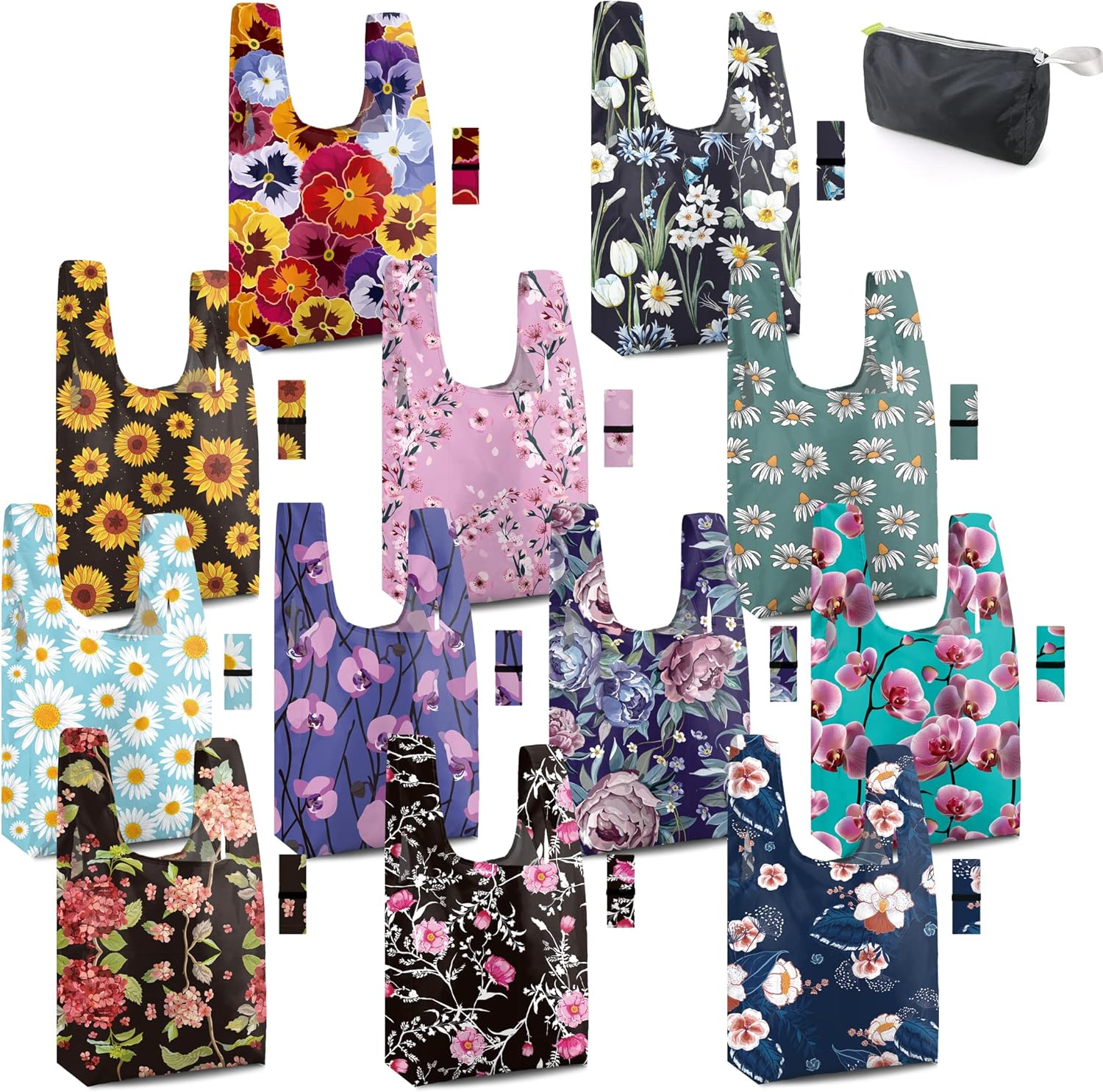 BeeGreen Flower Tote Bag Large Reusable Grocery Bags Foldable Shopping Bags 12 P...