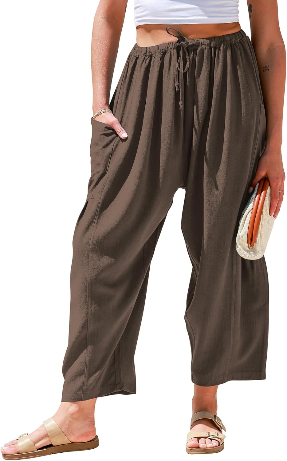 TARSE Womens Linen Wide Leg Pants Casual Loose Drawstring Low Waist Beach Palazz...
