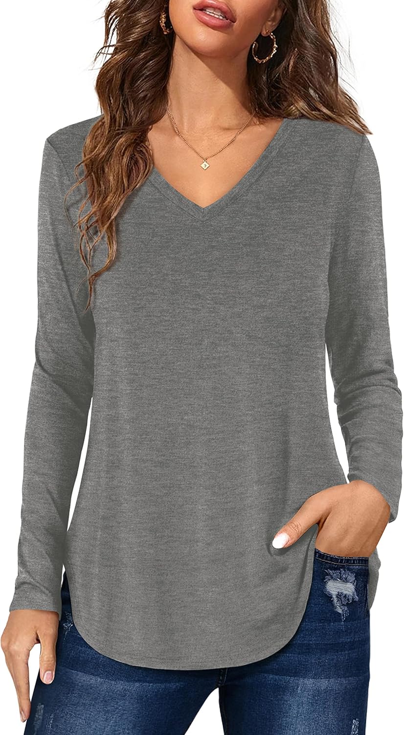 Florboom Womens Casual Loose Tops Tshirts Short/Long Sleeve V Neck Plain Longlin...