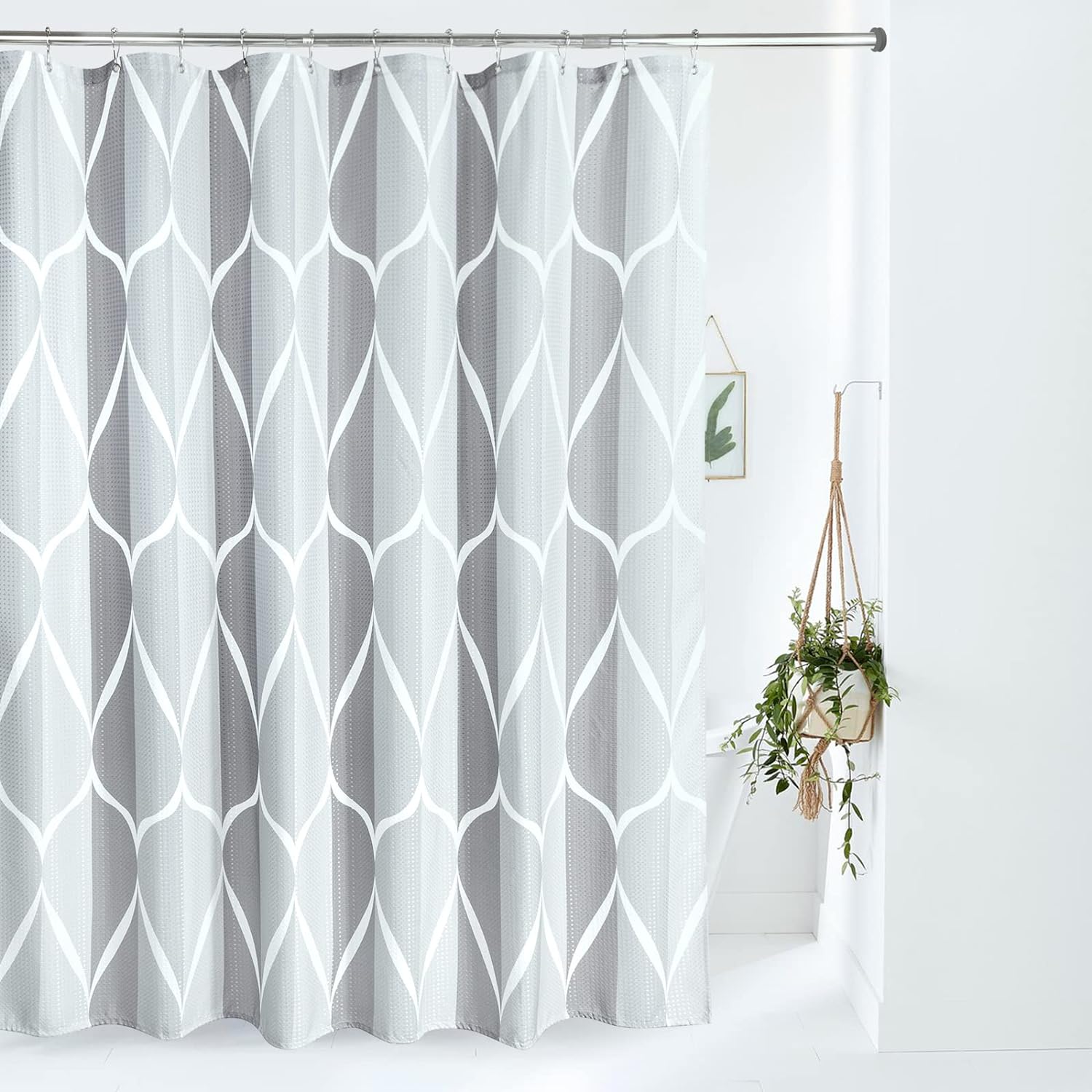 VANZAVANZU Shower Curtain for Bathroom with Metal Hooks Geometric Fabric Shower...