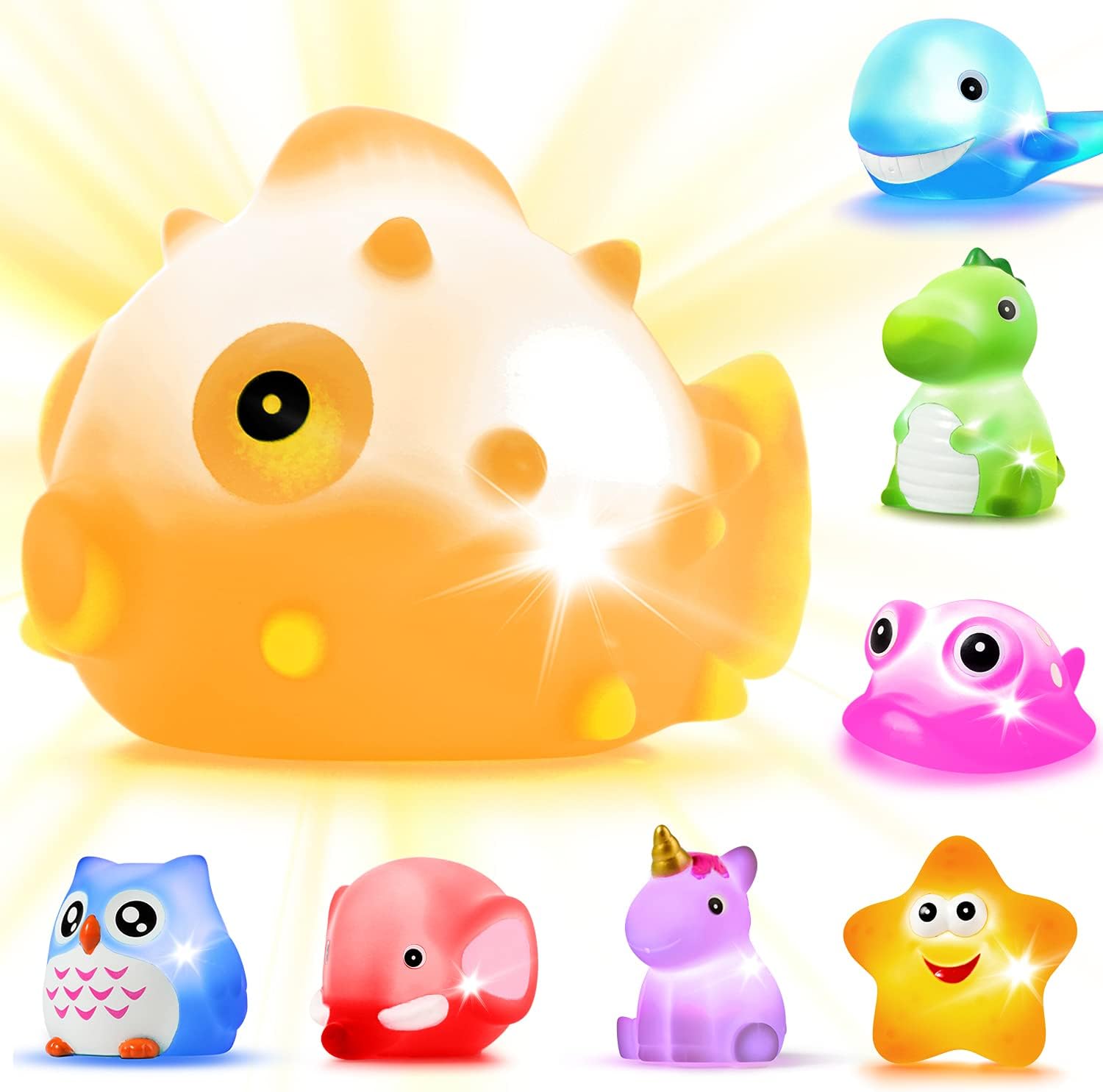 Bath Toys, 8 Pcs Light Up Floating Rubber Animal Toys Set, Flashing Color Changi...
