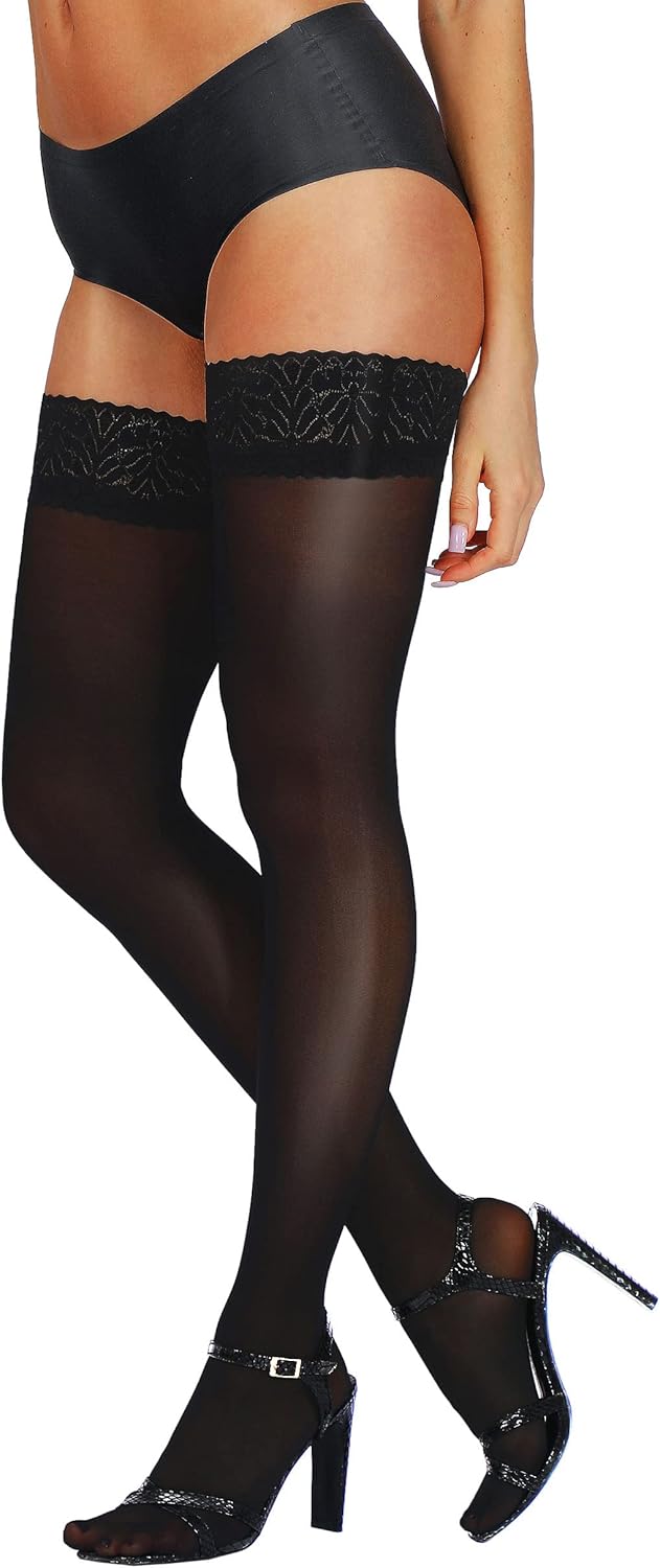 HONENNA Semi Sheer Stay Up Lingerie Thigh High Stockings Lace Top Size A-F 1 Pai...