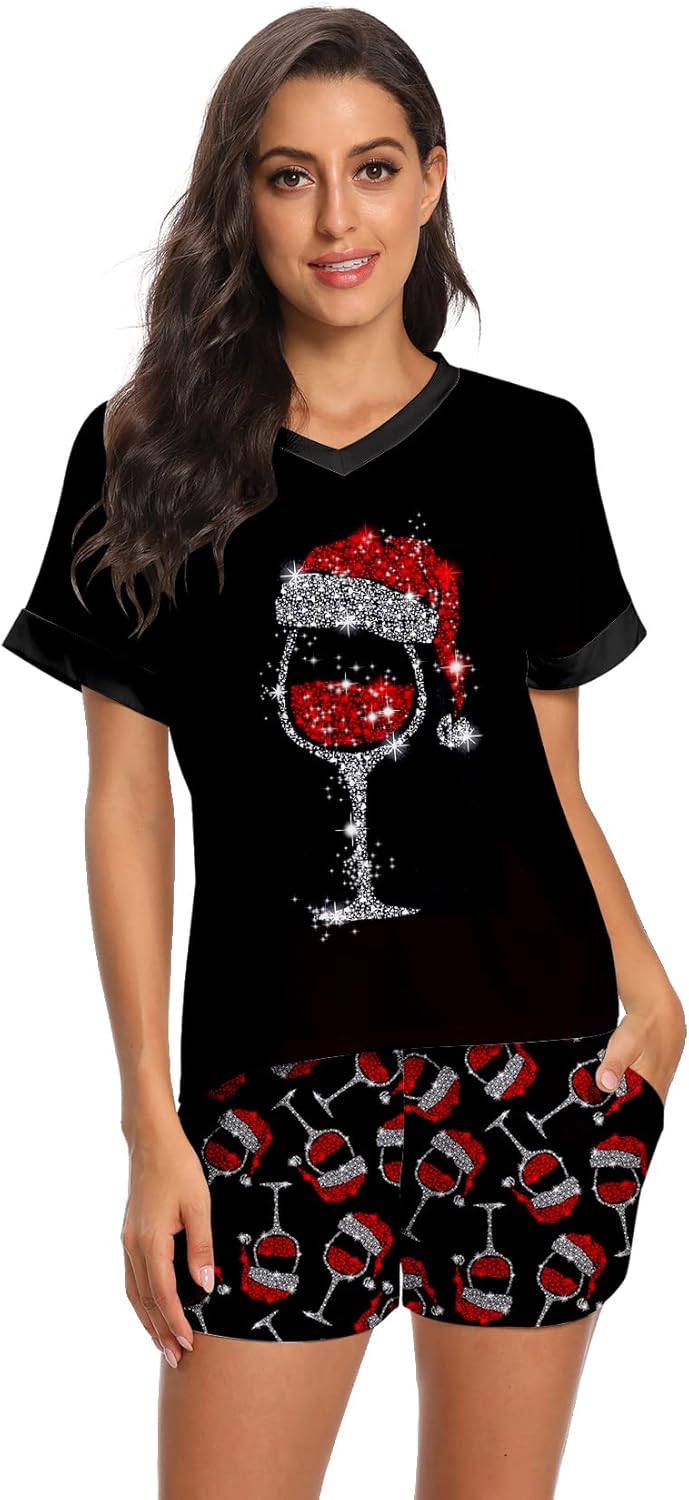 RAISEVERN Christmas Pajamas for Women 2 Piece V Neck Pjs Set Tops and Shorts X-L...