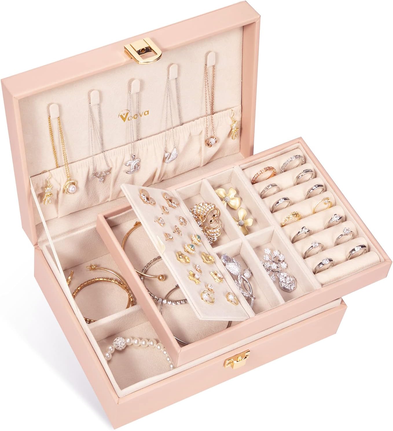 Voova Jewellery Box Organiser for Women Girls, 2 Layers Large Jewelry Storage Ca...