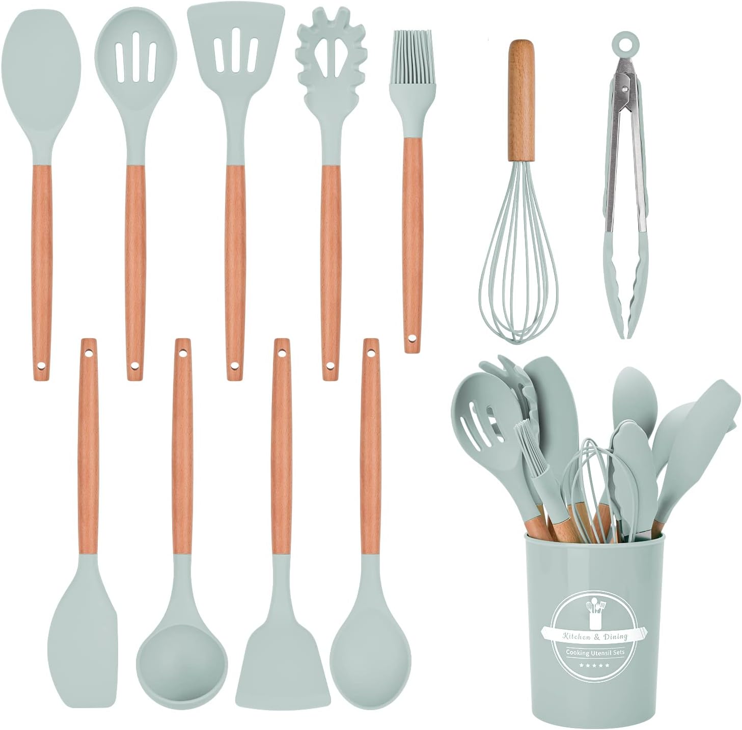 FIOUSY Kitchen Utensil Set, 12 PCS Silicone Cooking Utensils Set with Wooden Han...