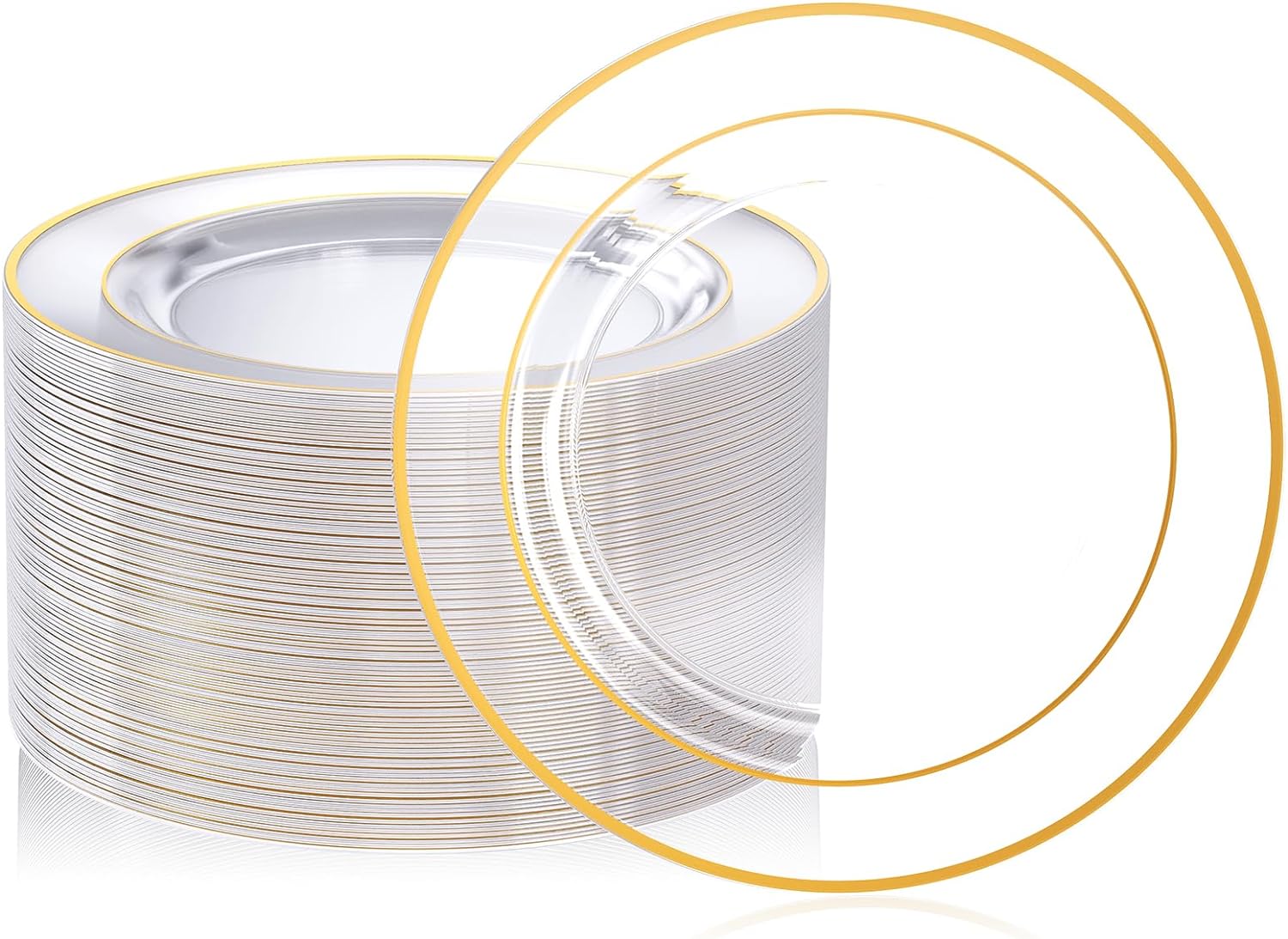 FOCUSLINE 100 Count 10 Inch Clear and Gold Plastic Plates, Disposable Heavy Duty...