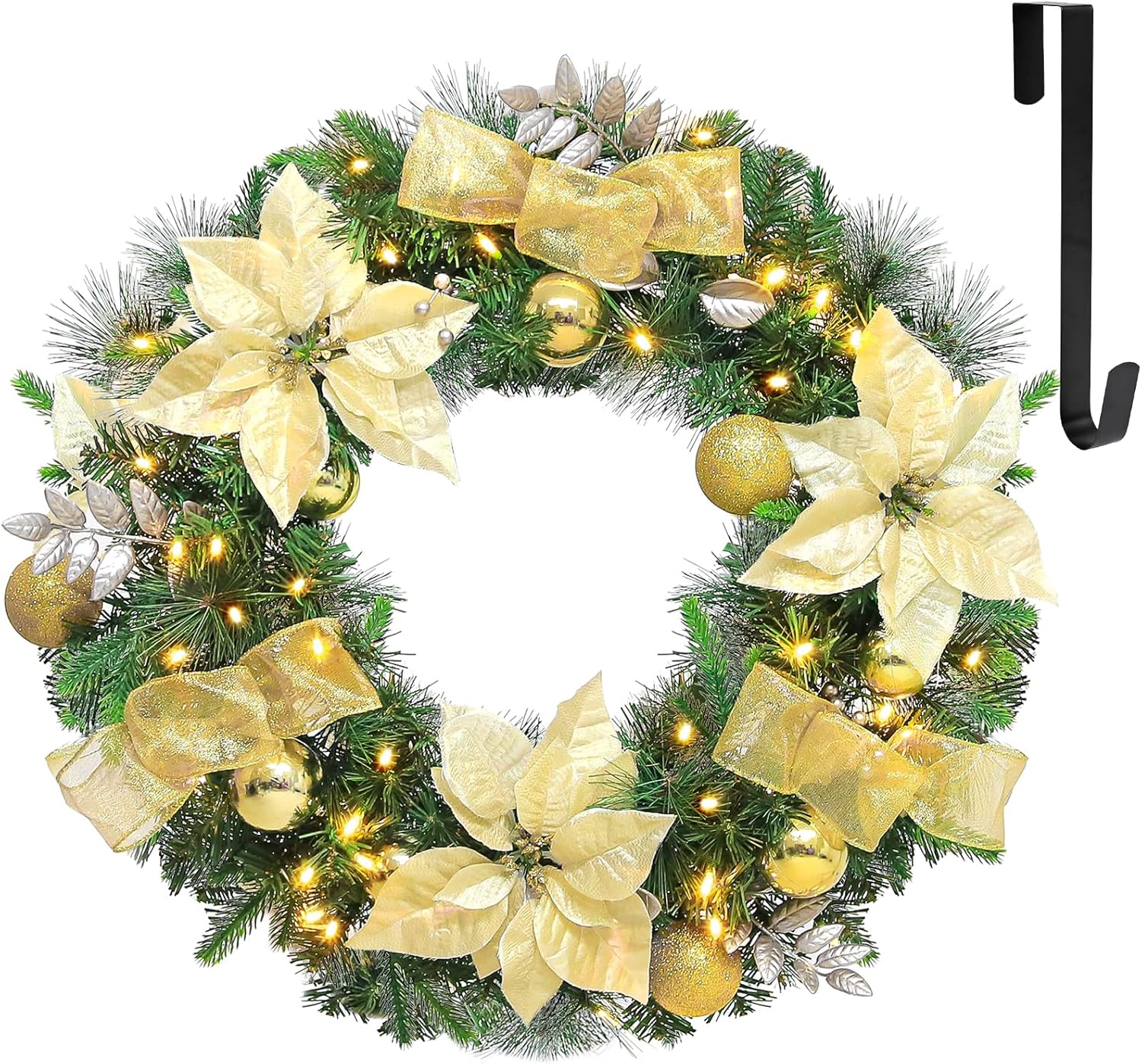 Hykolity 24 in. Pre-Lit Artificial Christmas Wreath with 50 Warm White LED Light...