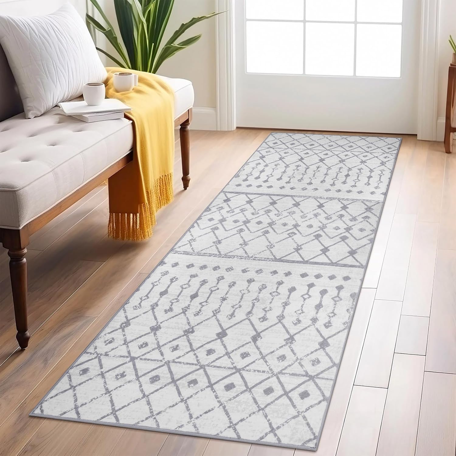 Moroccan 2x6 Runner Rug, Ivory Grey Washable Kitchen Runner Rug Non-Slip Hallway...