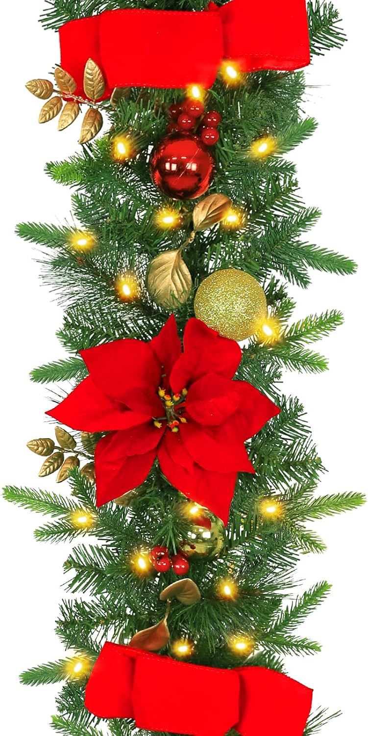 Hykolity 9 ft. Pre-lit Christmas Garland with 50 Warm White Lights, 160 PE Branc...