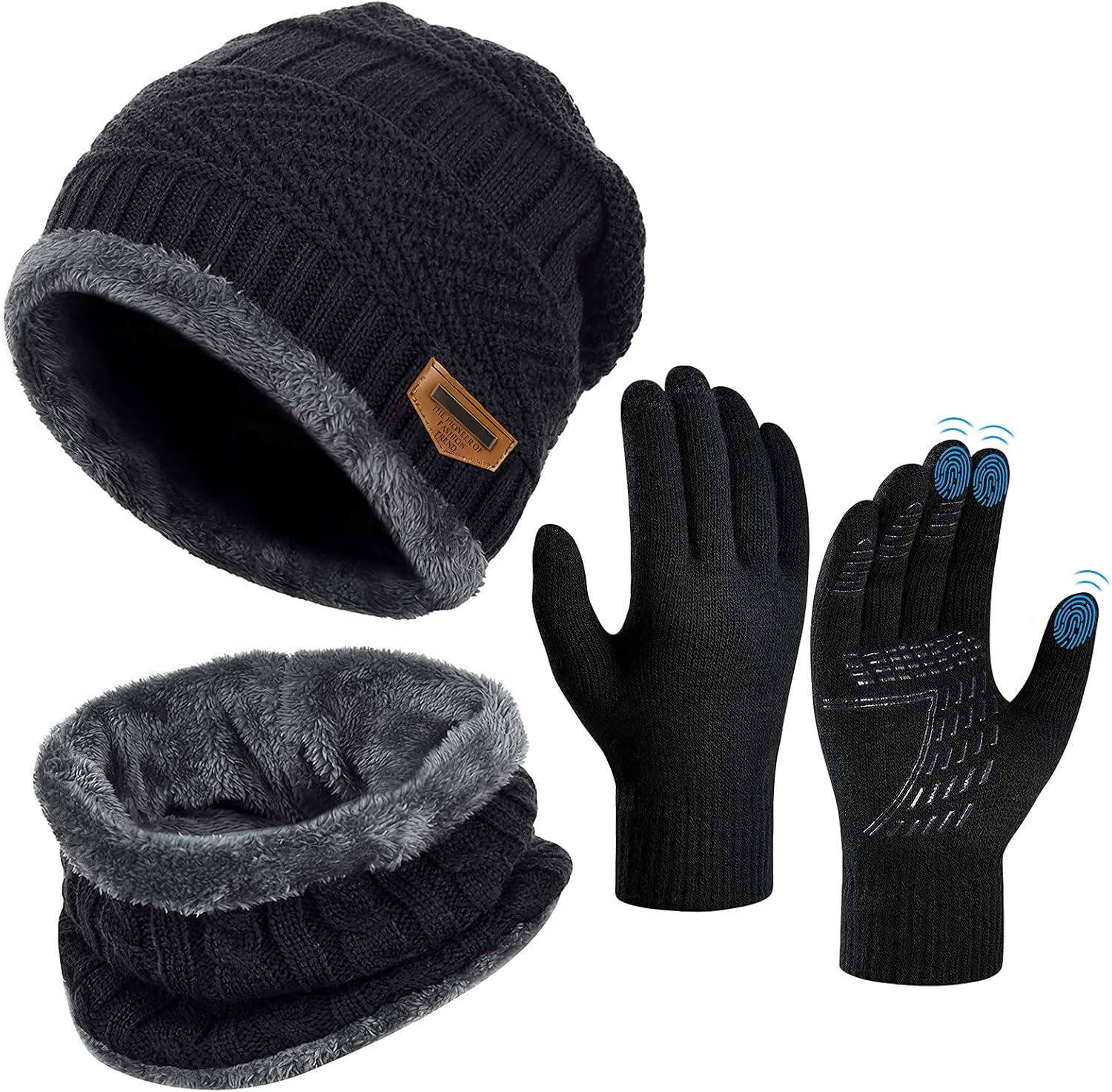OOPOR Winter Hat Scarf Gloves Set - Thermal Warm Knitted Beanie Cap Circle Neck...