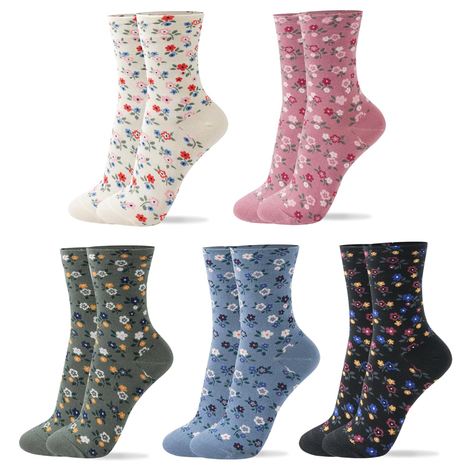 kikiya socks Women Crew | 4-6 Pairs Floral Heart Print Polka Dot Pattern Rainbow...