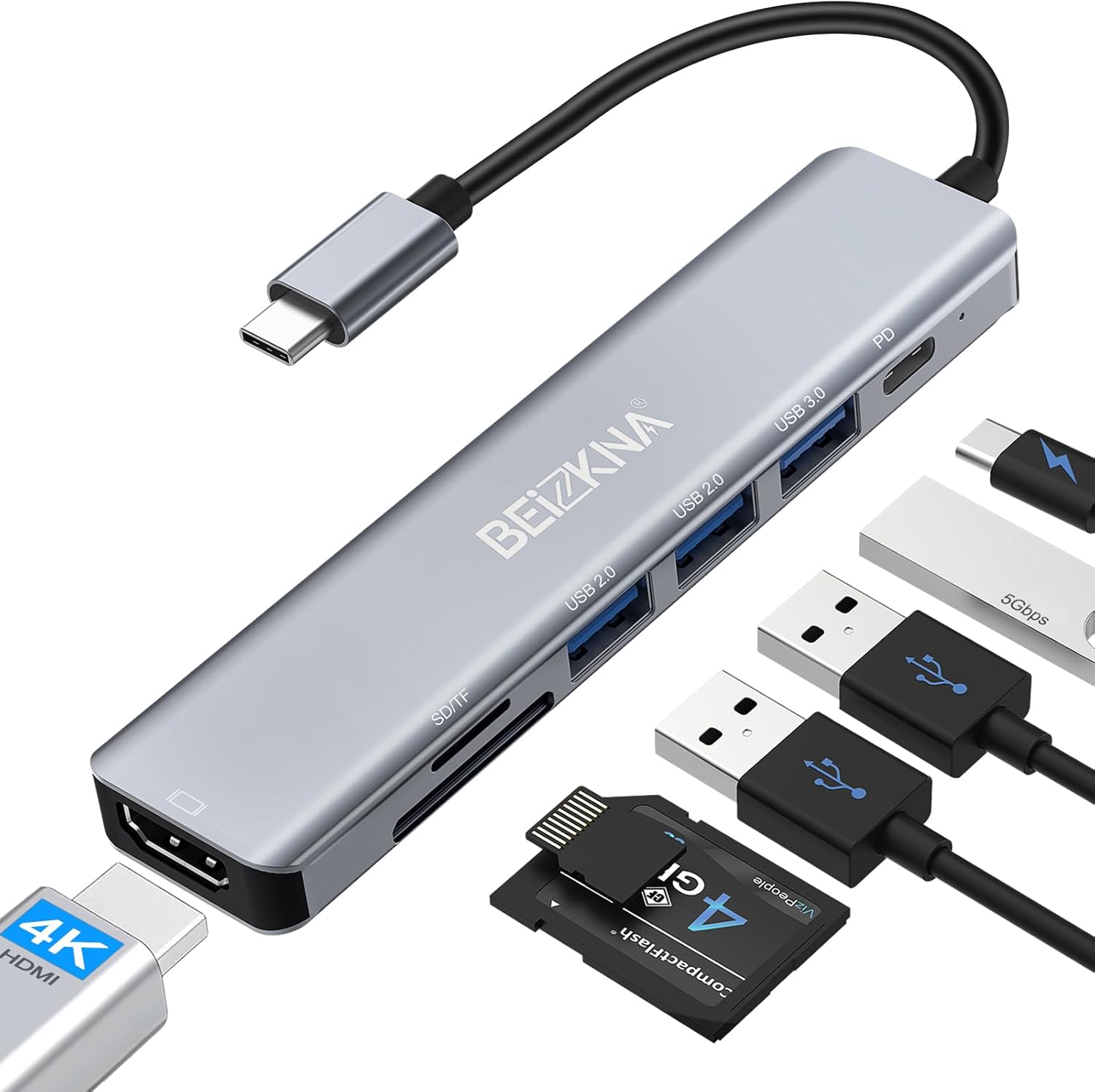 USB C Hub, 7 in 1 USB-C Multiport Adapter with 100W PD, 4K HDMI, 5Gbps High-Spee...