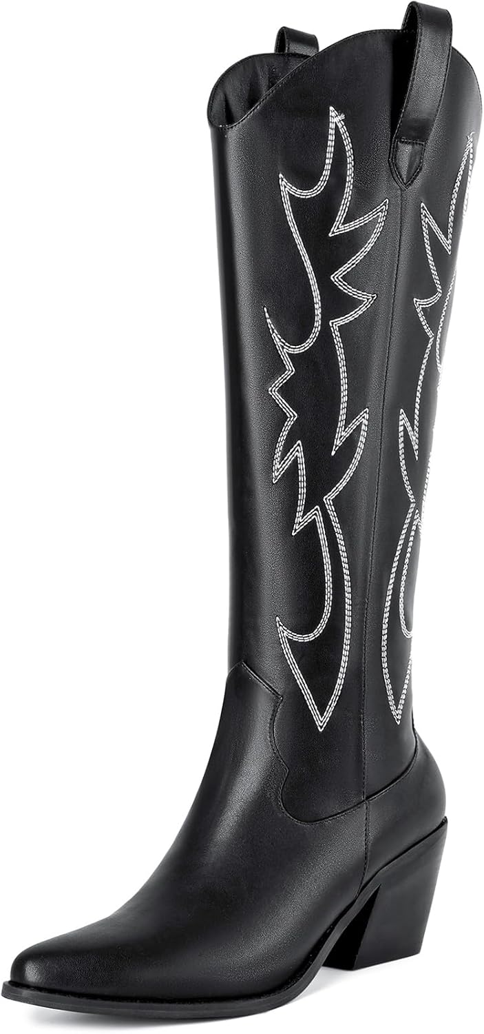 Mostrin Cowgirl Boots for Women Embroidered Cowboy Boots Pointed Toe Knee High B...