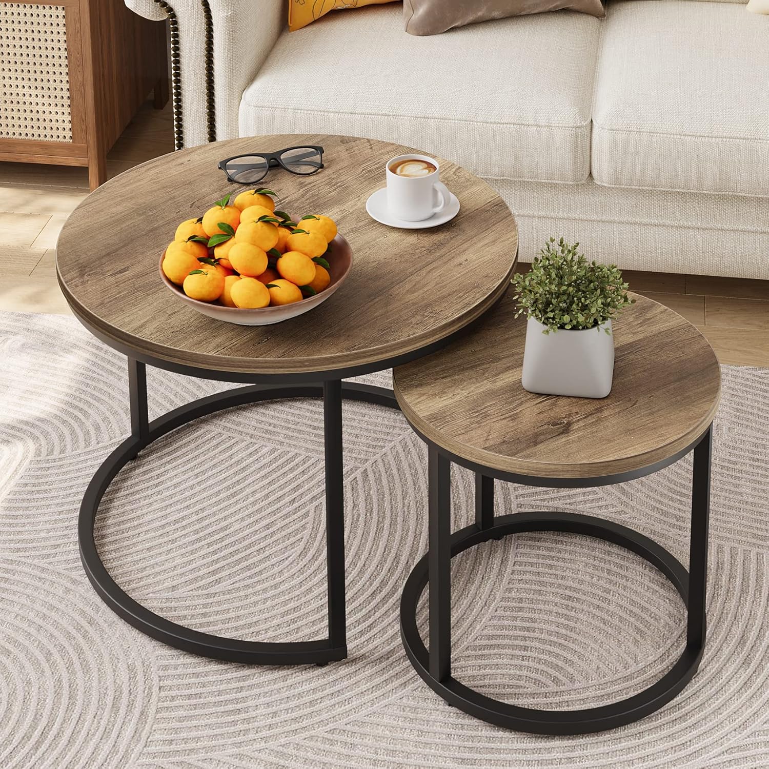 Smuxee Nesting Coffee Table Set of 2, 23.6" Round Coffee Table Wood Grain Top wi...
