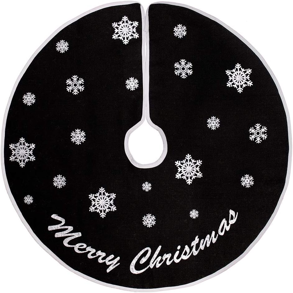 HOHOTIME Burlap Christmas Tree Skirt, 30 Inch Black Tree Skirt with White Snowfl...