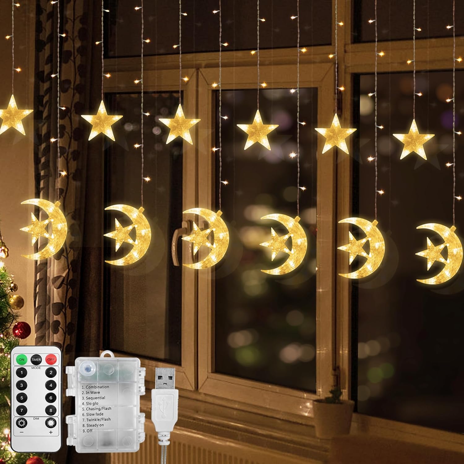 Jsdoin Christmas Window Lights 3.5M LED Stars Moon Curtain Lights Christmas Stri...