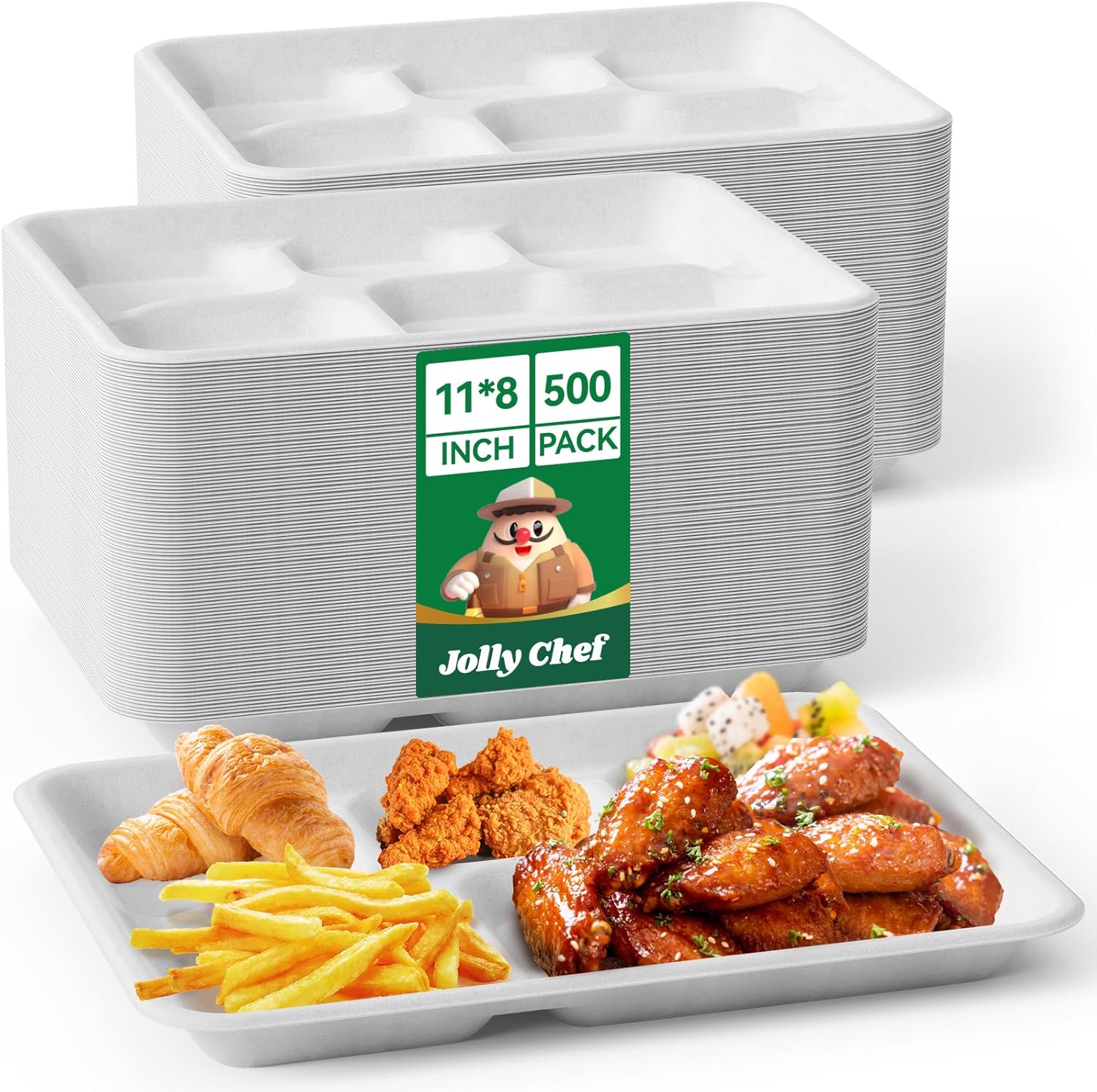 JOLLY CHEF Compostable 5 Compartment Paper Plates 11 * 8 inch [500 Pack] Heavy D...