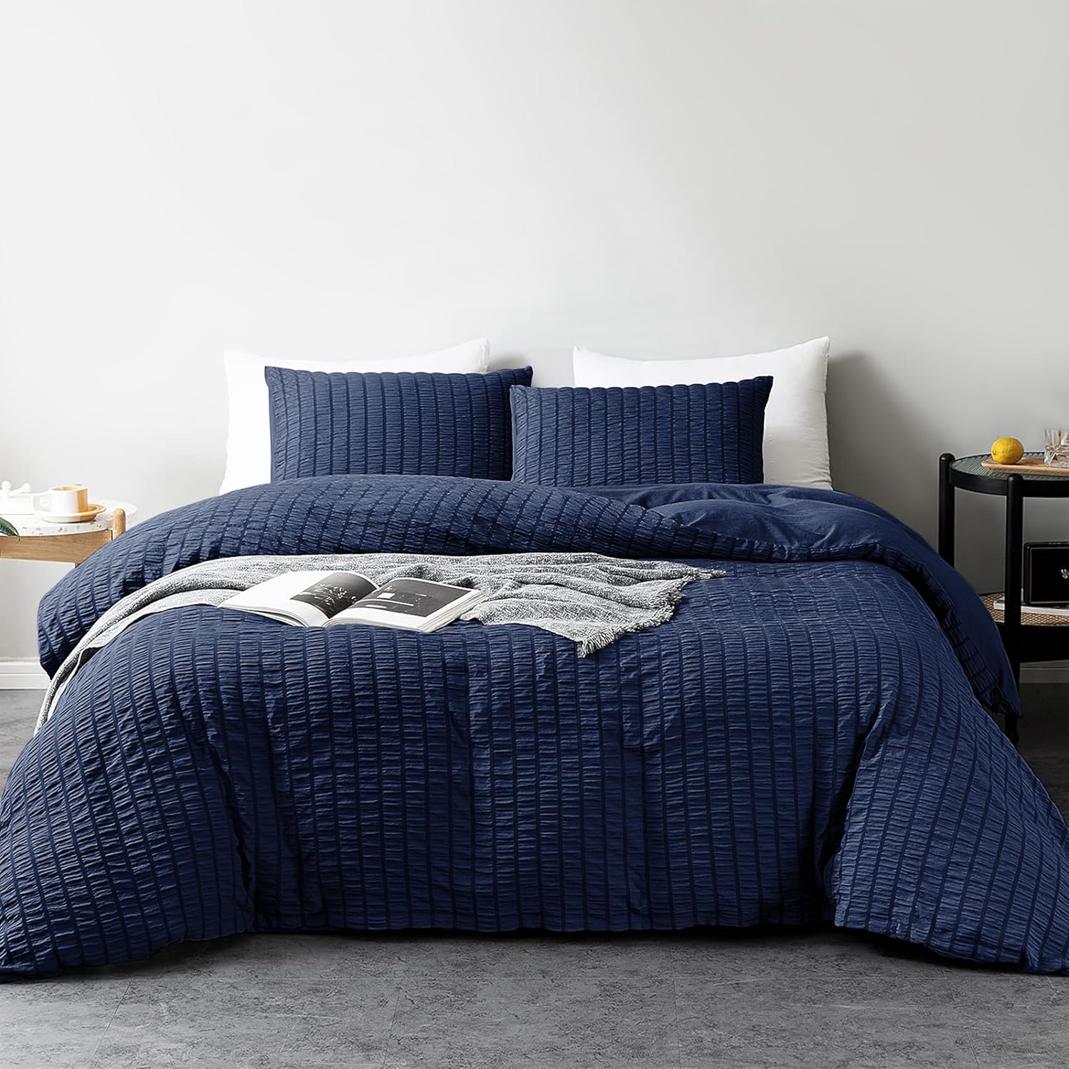 My home store Seersucker Navy King Size Duvet Cover Sets with 2 Pillowcases – So...