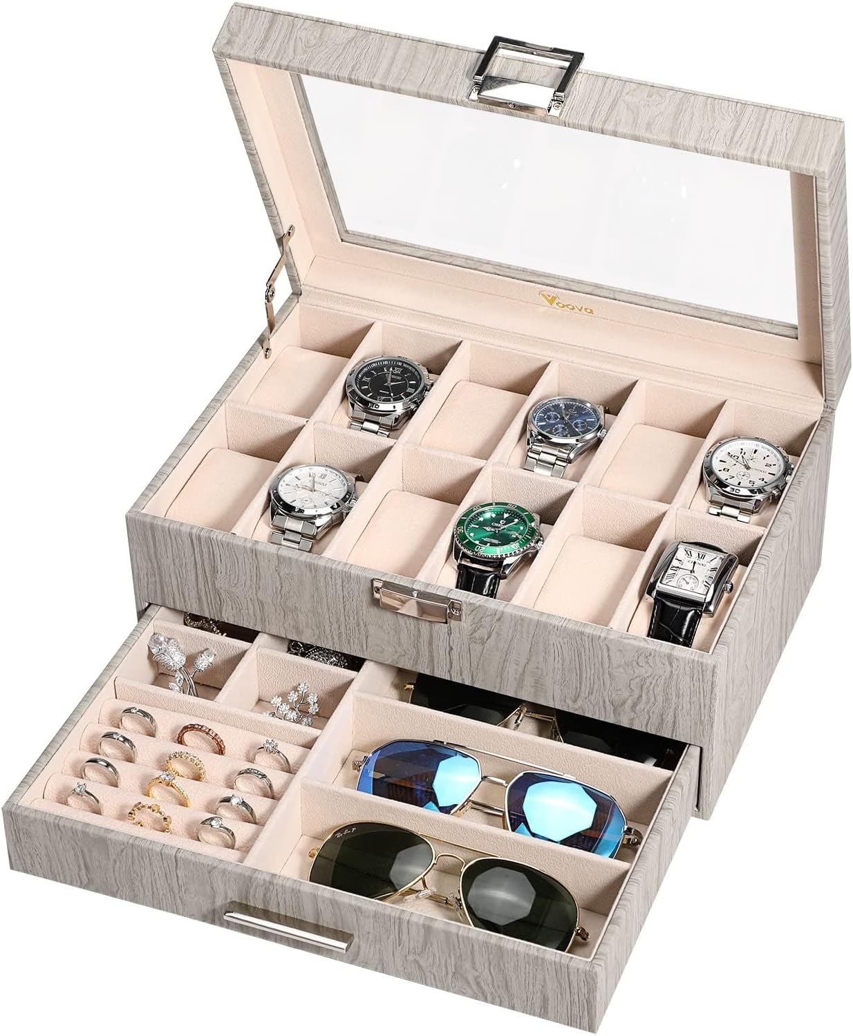Voova Watch Boxes Organiser Jewellery Box for Men Women, 2 Layer Large 12 Slot P...