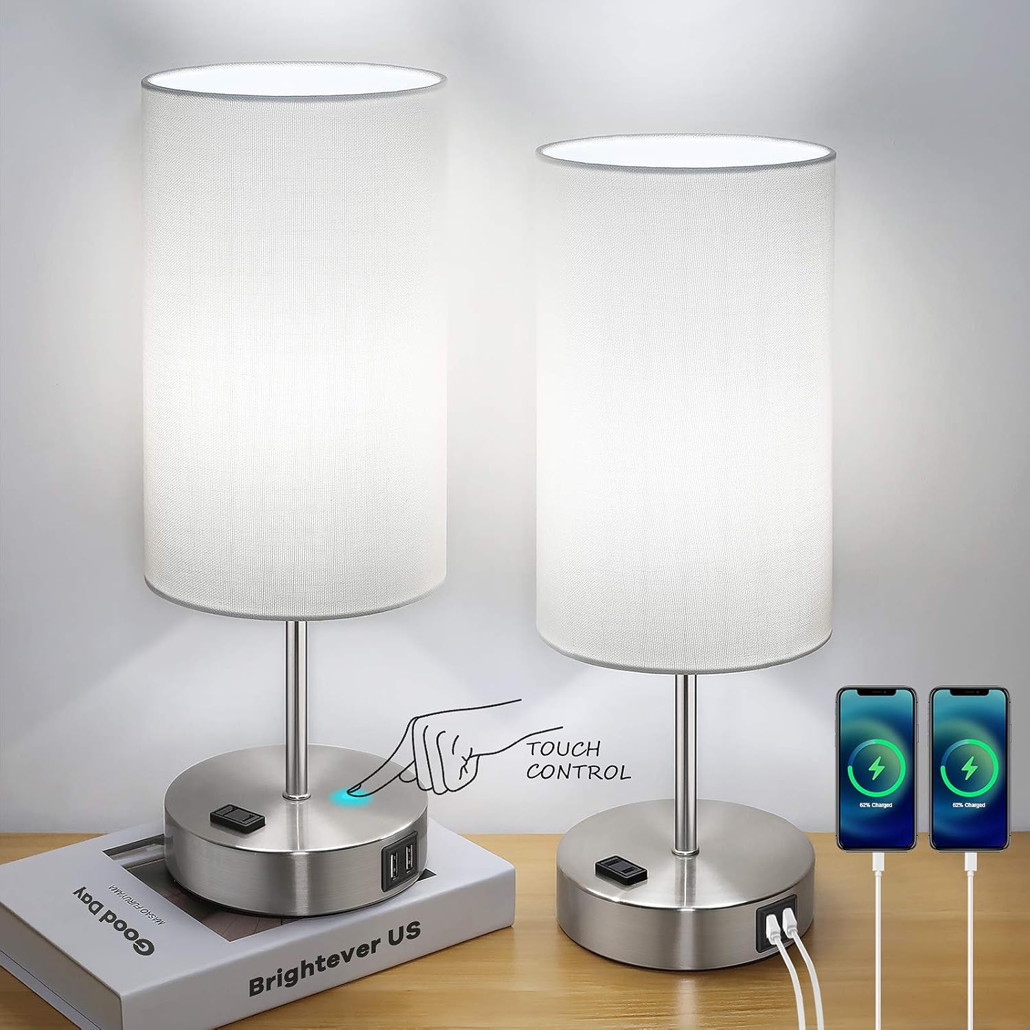 Set of 2 Touch Control Table Lamps with 2 USB Charging Ports&AC Outlet, 3-Way Di...