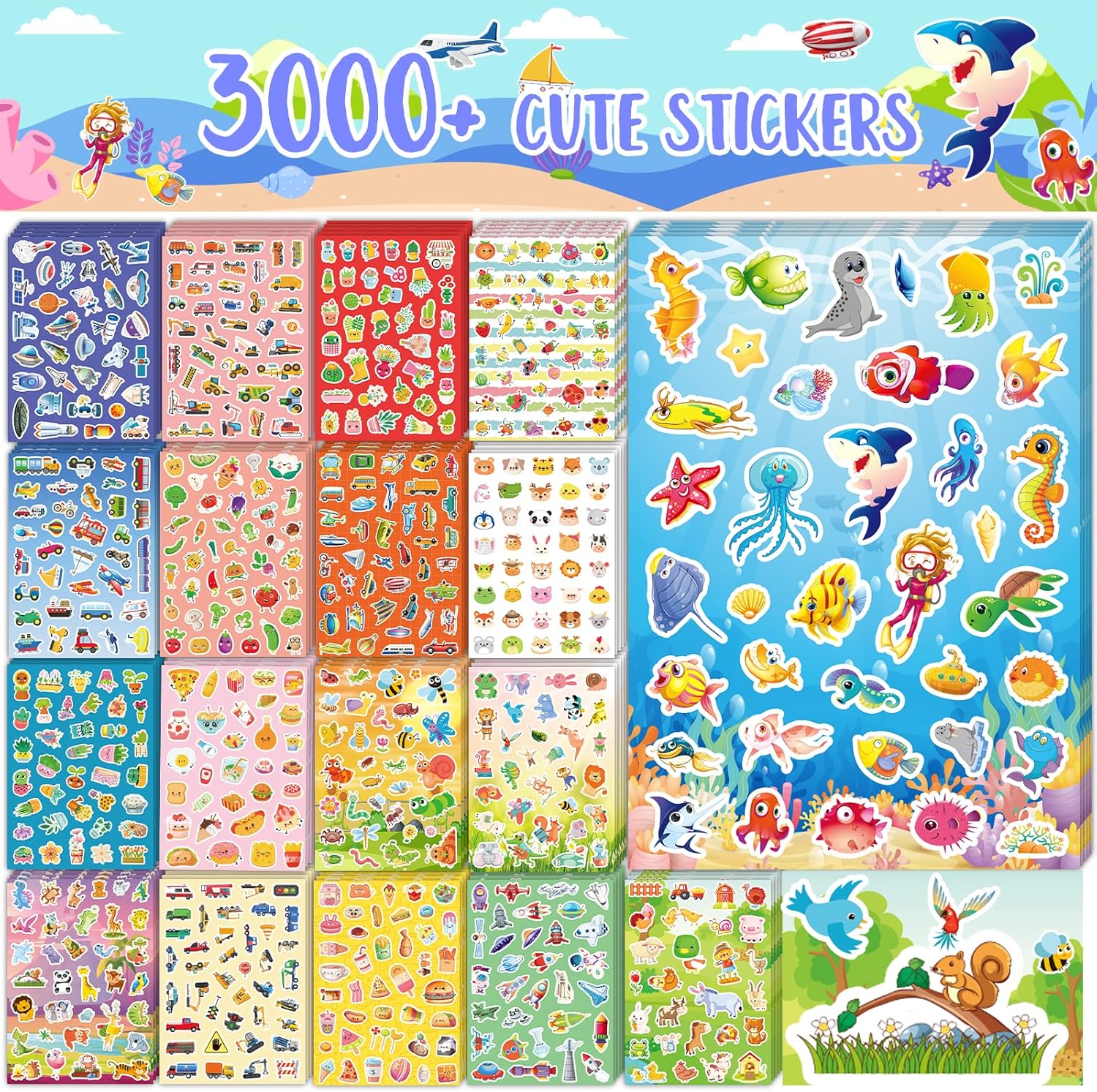 3000+PCS Kids Stickers for Water Bottles, 18 Themes with Cars Food Trucks Plant,...