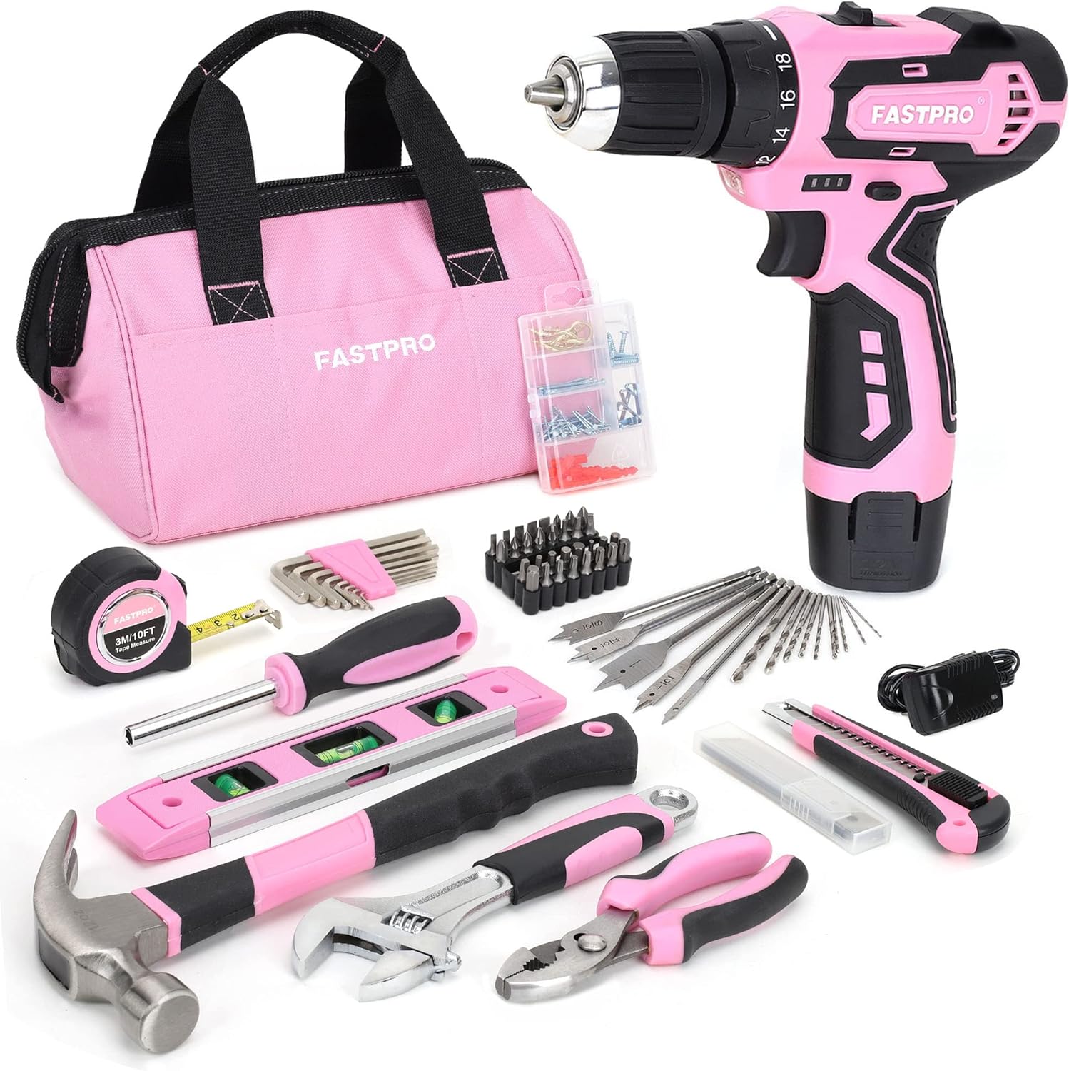 FASTPRO 175-Piece 12V Pink Drill Set, Cordless Lithium-ion Driver and Tool Kit,...