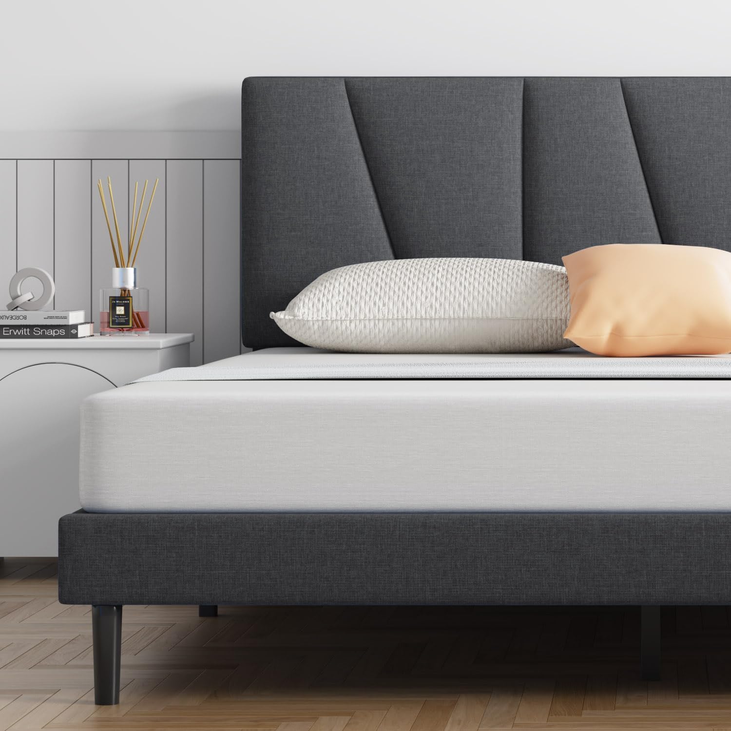 Molblly Double Bed Frame Upholstered Platform with Headboard and Solid Wooden Sl...