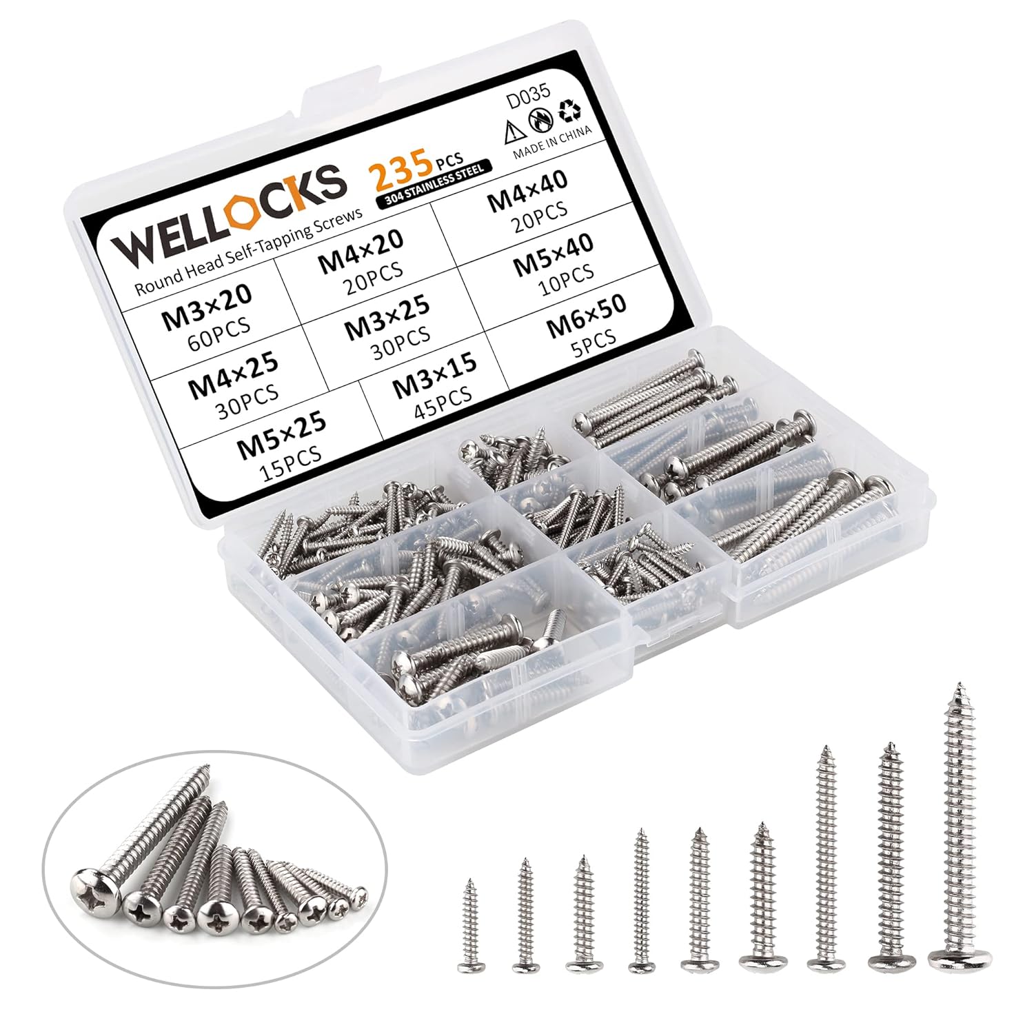 WELLOCKS Assorted Self Tapping Screws | 235 PCS M3/M4/M5/M6 Stainless Steel Scre...