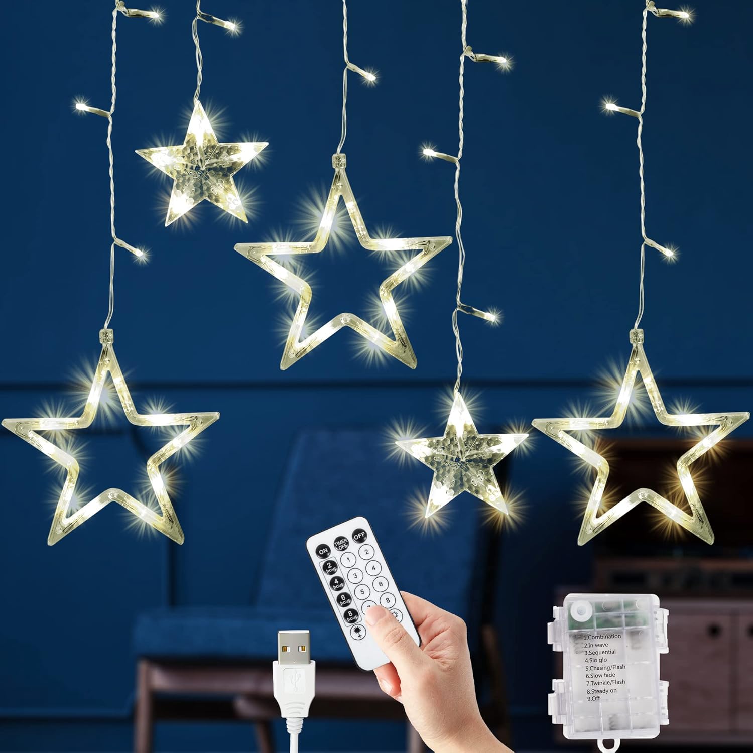 GloBrite Christmas Curtain Lights, 12 Star & 138 LED Lights - Christmas Star Lig...