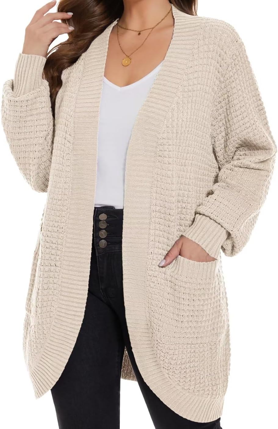 MONNURO Womens Plus Size Open Front Cardigan Waffle Knit Long Sleeve Sweaters To...