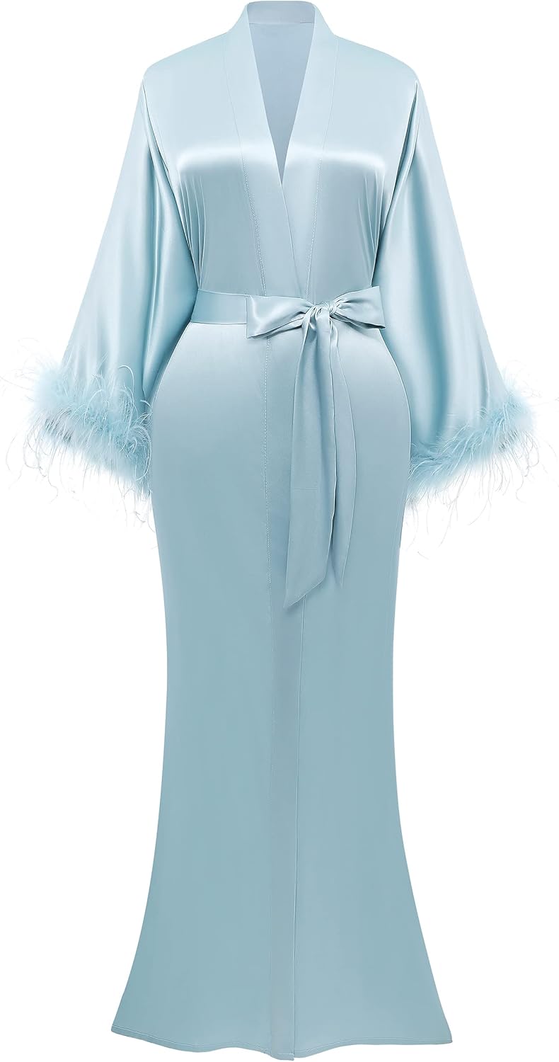 PRODESIGN Satin Kimono Robe Long Silky Bath Robe with Ostrich Feather Trim Sleep...