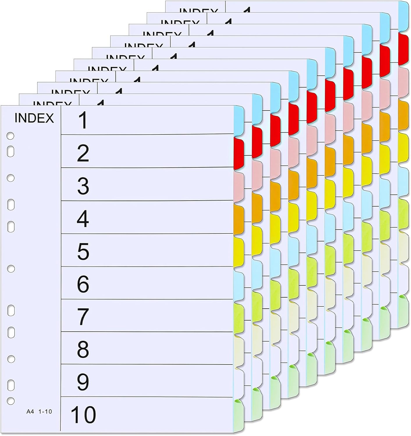 File Dividers A4, 10 Pack 10 Part Folder Dividers Coloured Multi Hole Punched A4...