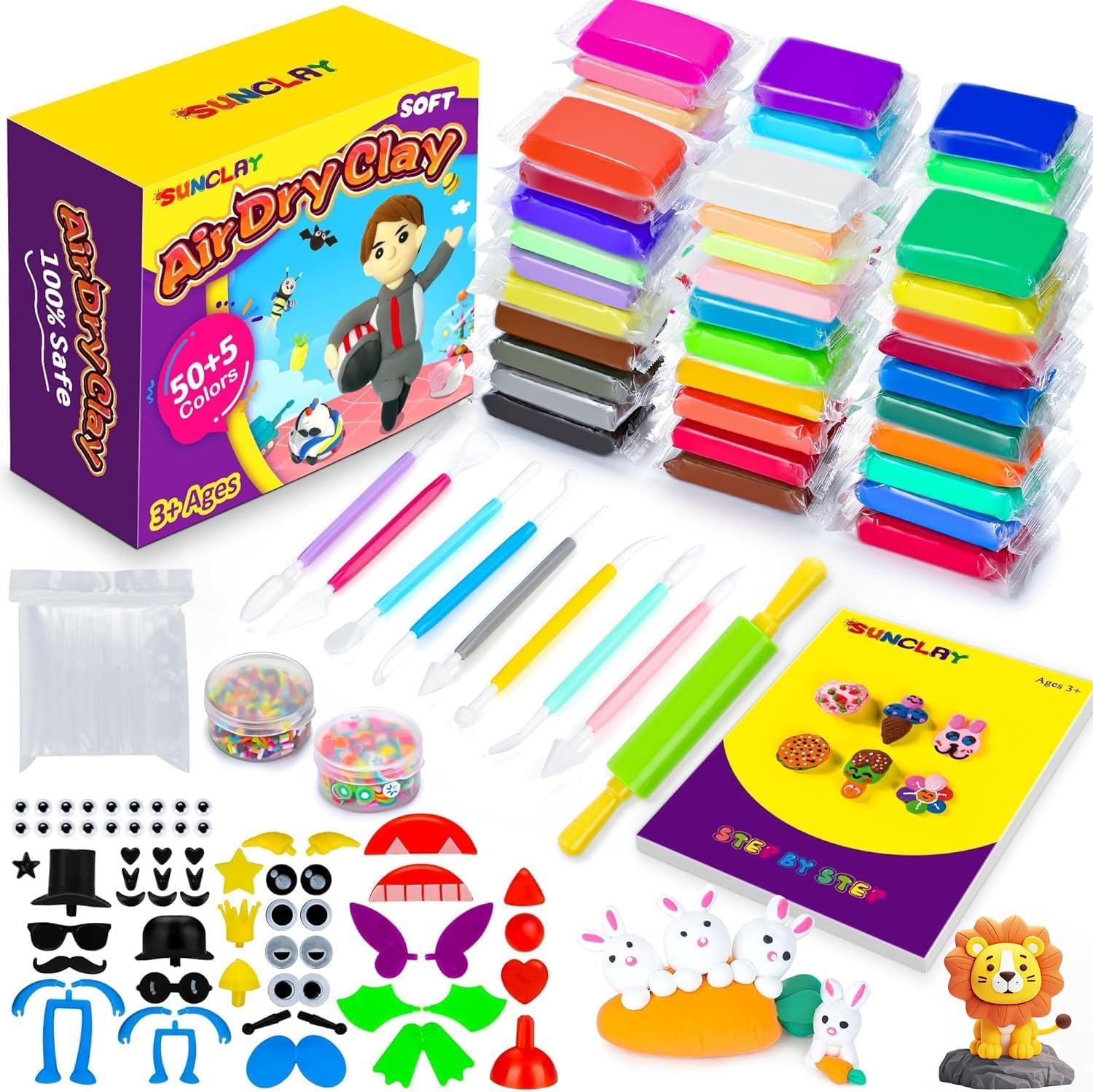 SUNCLAY Air Dry Clay - 55 Colours Modelling Clay with 80 Pages Project Booklet 9...
