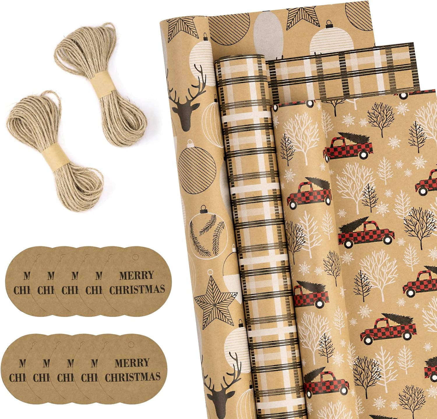 RUSPEPA Christmas Wrapping Paper Rolls with Tags, Jute String - 43cm x 3 Meter p...