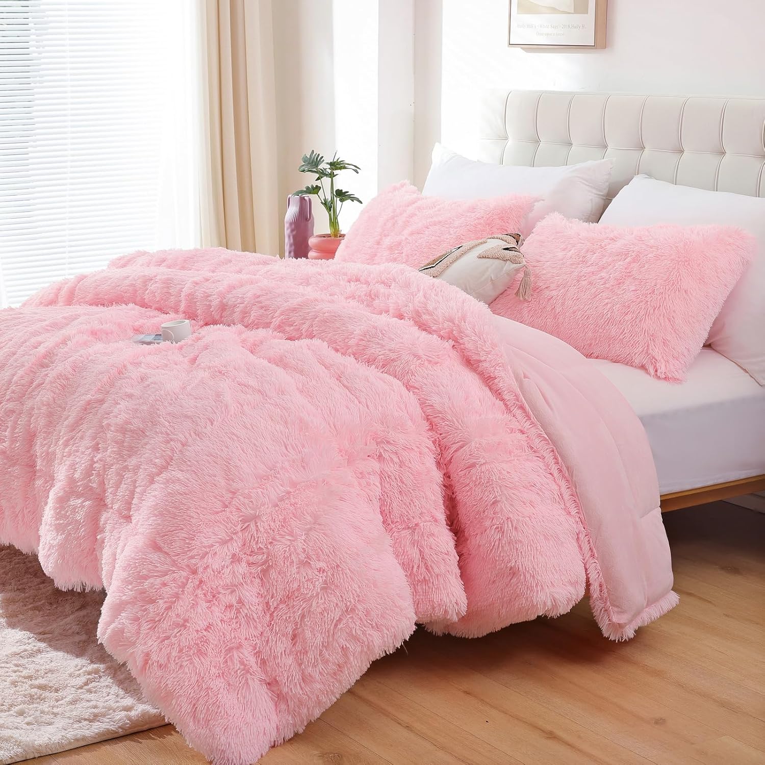 Smoofy Faux Fur Pink Comforter Set Queen Size 3Pcs Fluffy Fuzzy Plush Comforter...