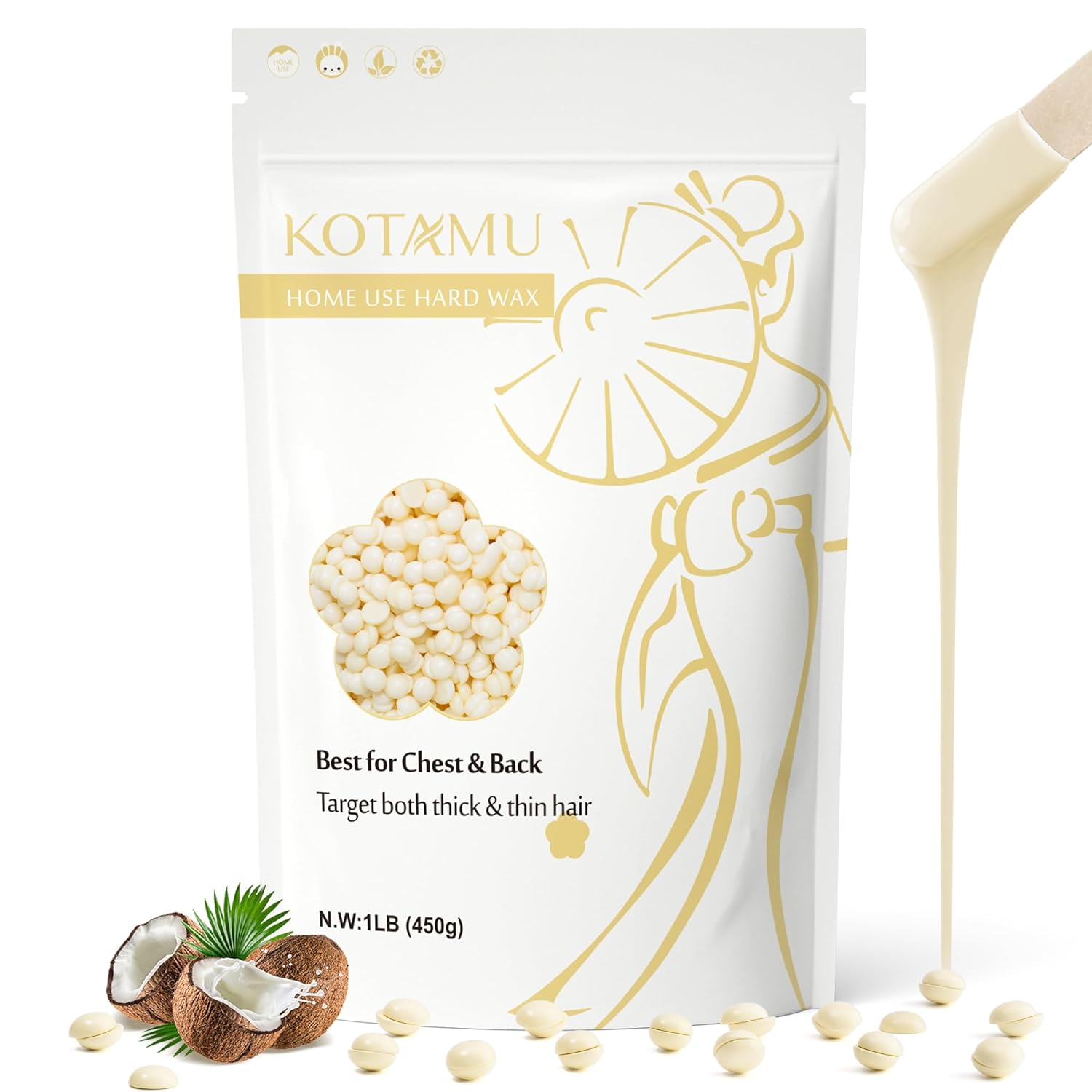 KOTAMU Hard Wax Beads for Hair Removal - 1lb Sensitive Skin Thick Hair Formula f...