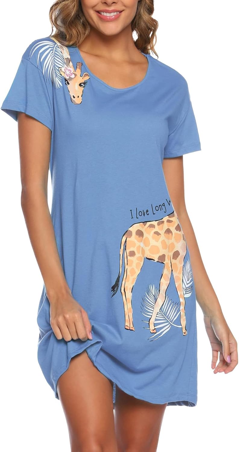 ENJOYNIGHT Nightgown for Women Cotton Short Sleeve Nightshirts Casual Print Slee...