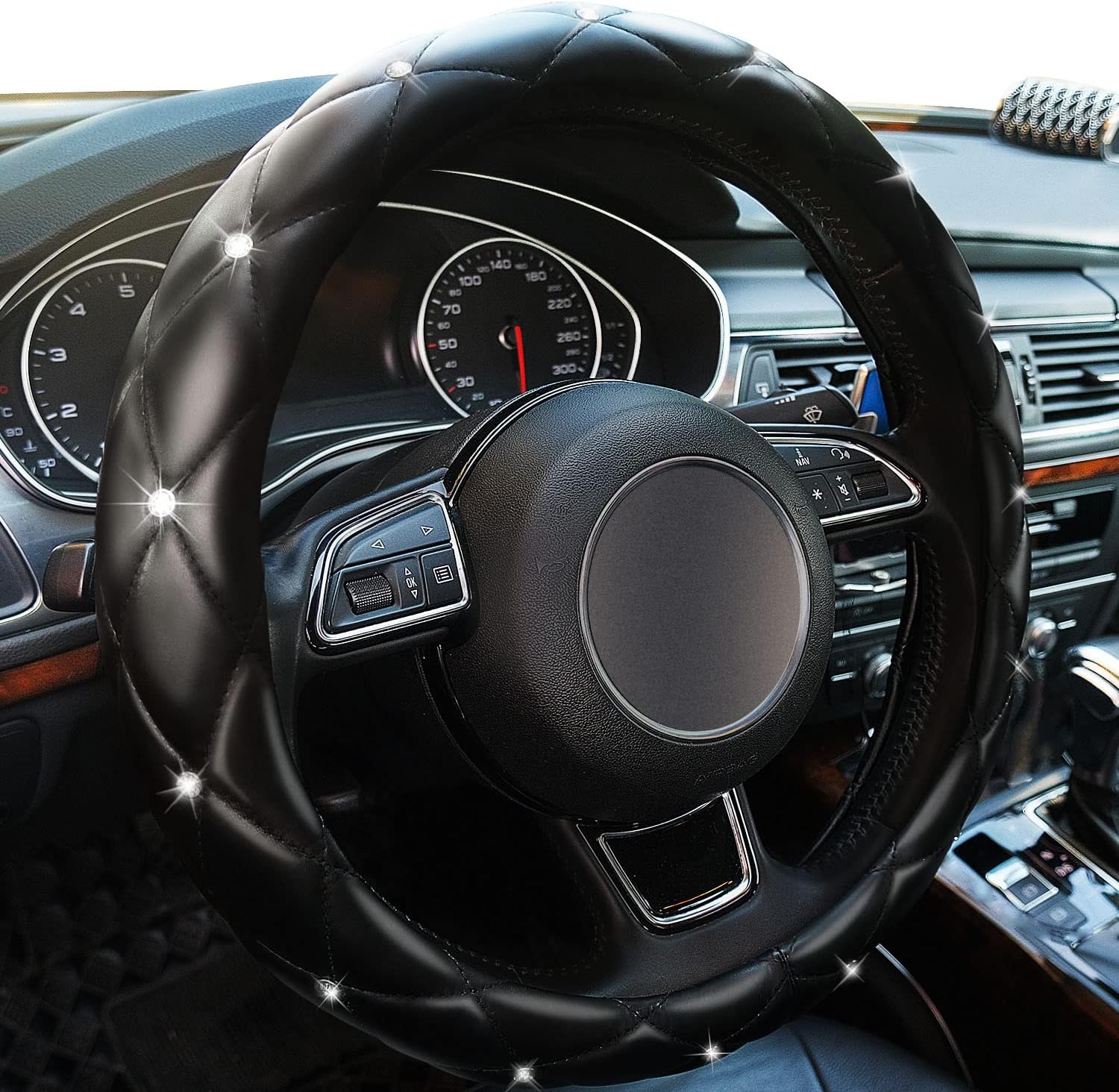 Xizopucy Diamond Leather Bling Steering Wheel Cover, Universal Car Steering Whee...