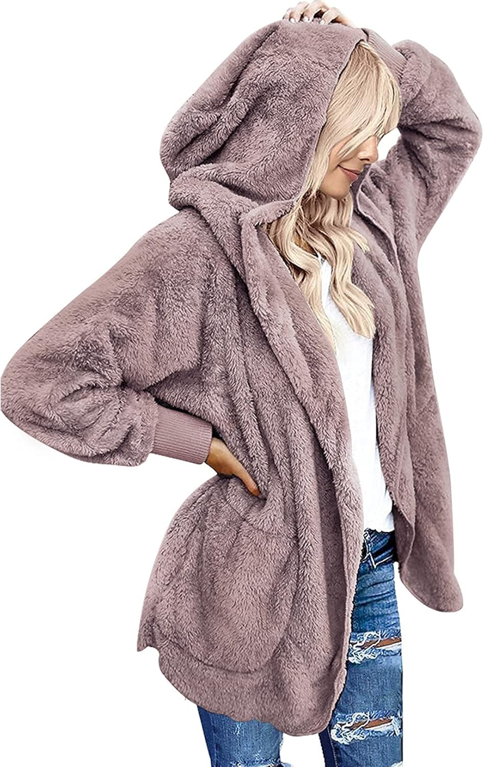 Fasumava Womens Fuzzy Fleece Jacket Solid Open Front Hooded Cardigan Coats Outwe...