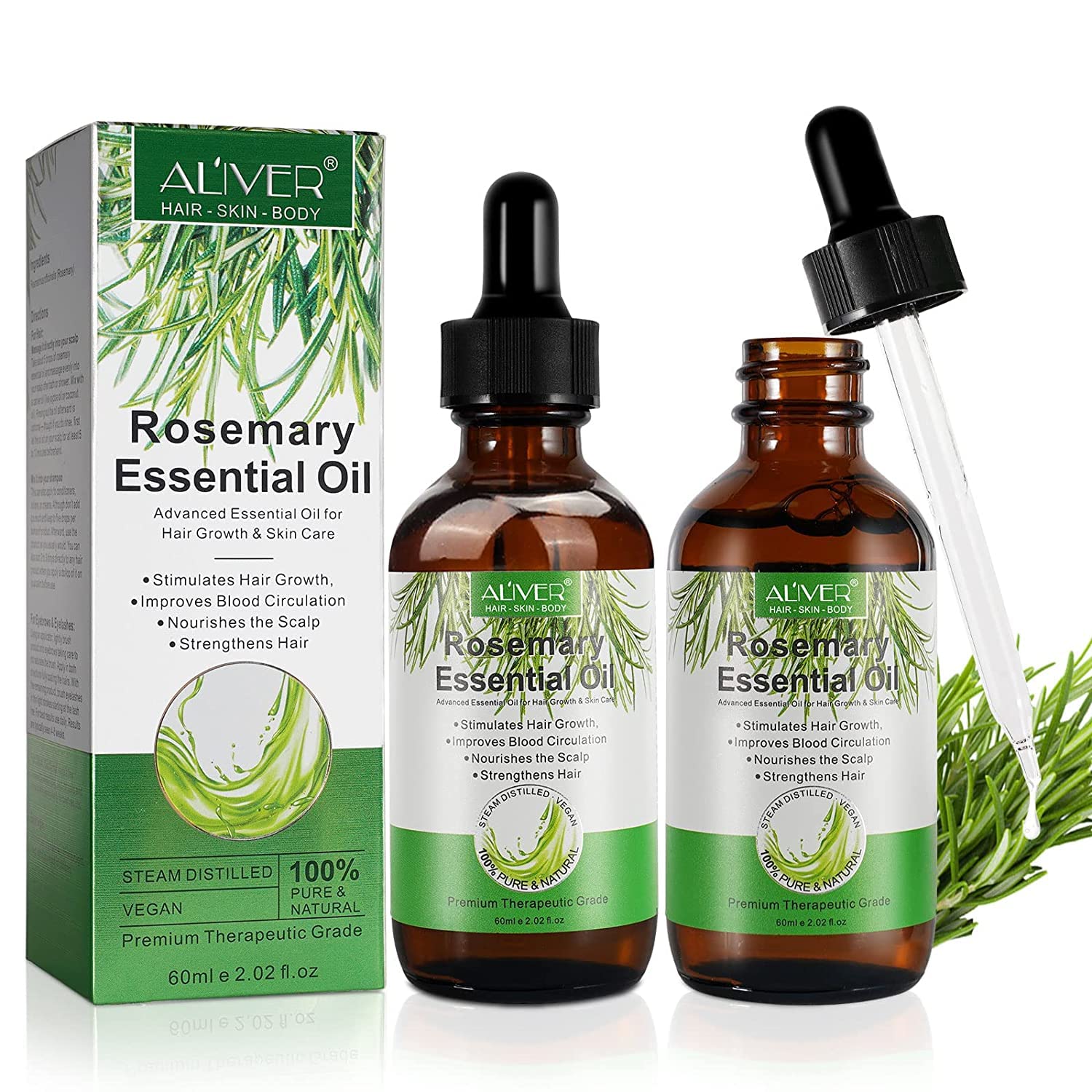 Pure Organic Rosemary Essential Oils - 2 pack, Hair Growth Scalp Oil for Dry Dam...