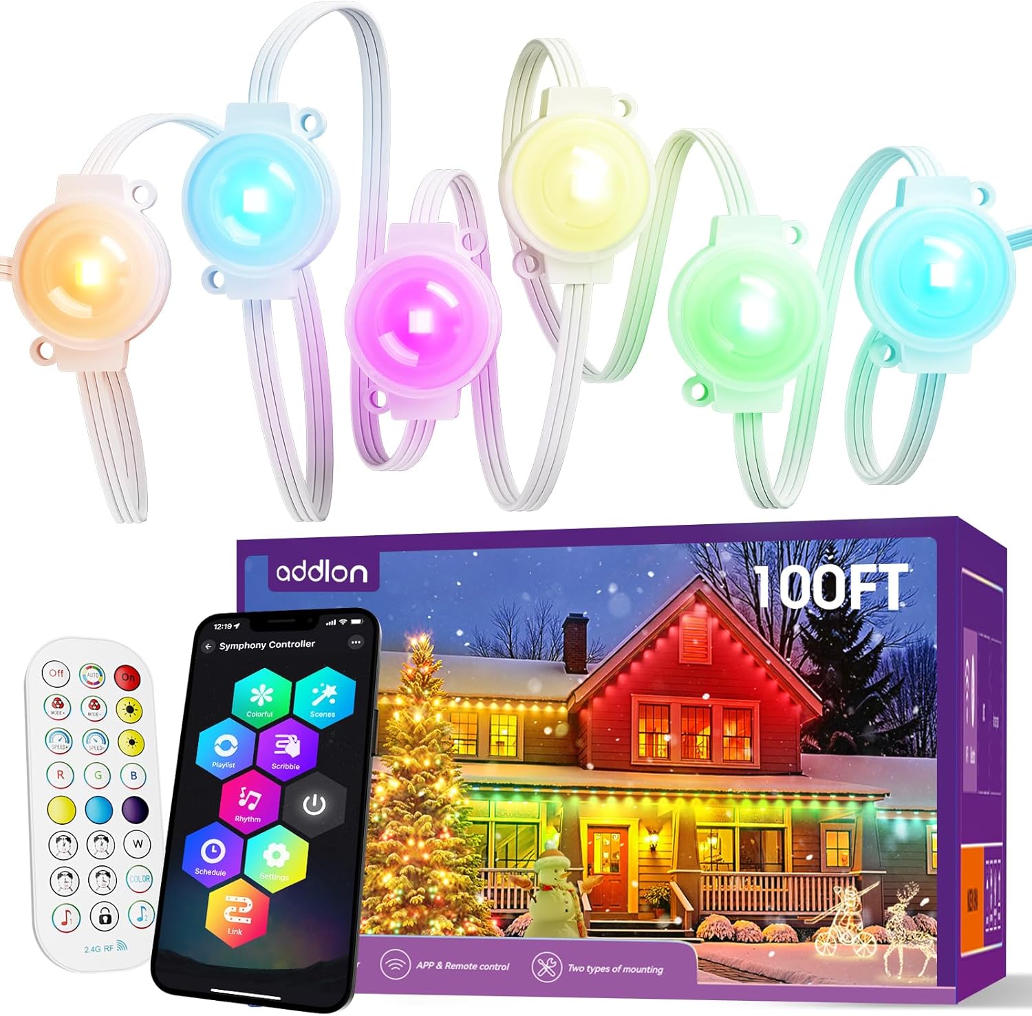 addlon Permanent Outdoor Lights, 100FT with 72 Dual-LED Design, Smart RGB & Warm...