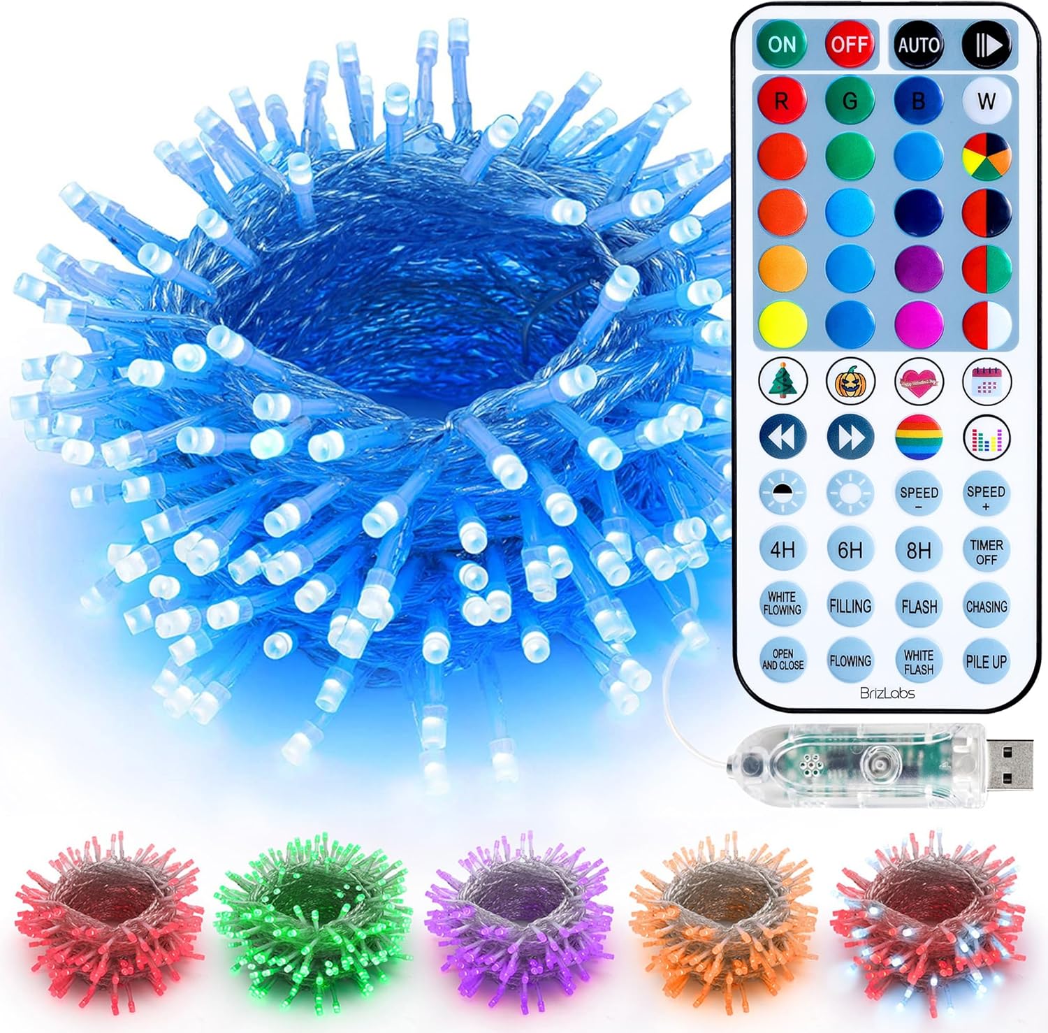 BrizLabs Color Changing RGB Christmas Lights, 100 LED 33ft USB Powered Christmas...