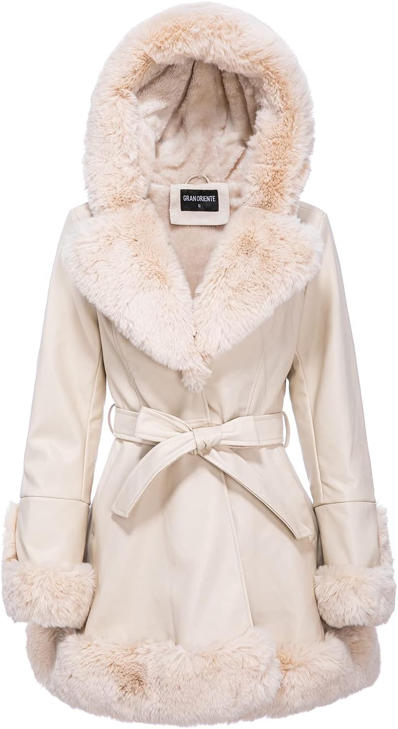 GRAN ORIENTE Women's Faux Leather Jacket with Faux Fur Collar, Winter Long Sleev...
