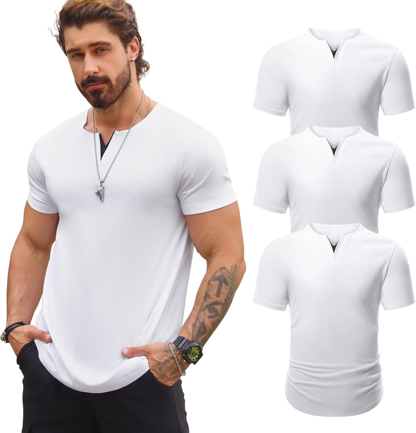 Mens V-Neck T Shirts Casual Fashion Longline Shirt Tee for Men Short Sleeve Larg...