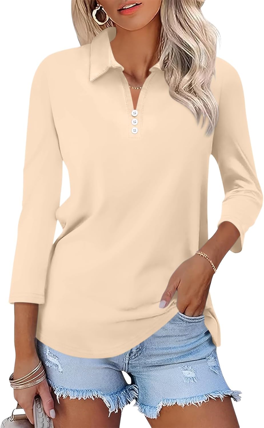 Women's 3/4 Sleeve Tops V Neck Button Polo Shirts Casual Basic Tees Blouse Apric...