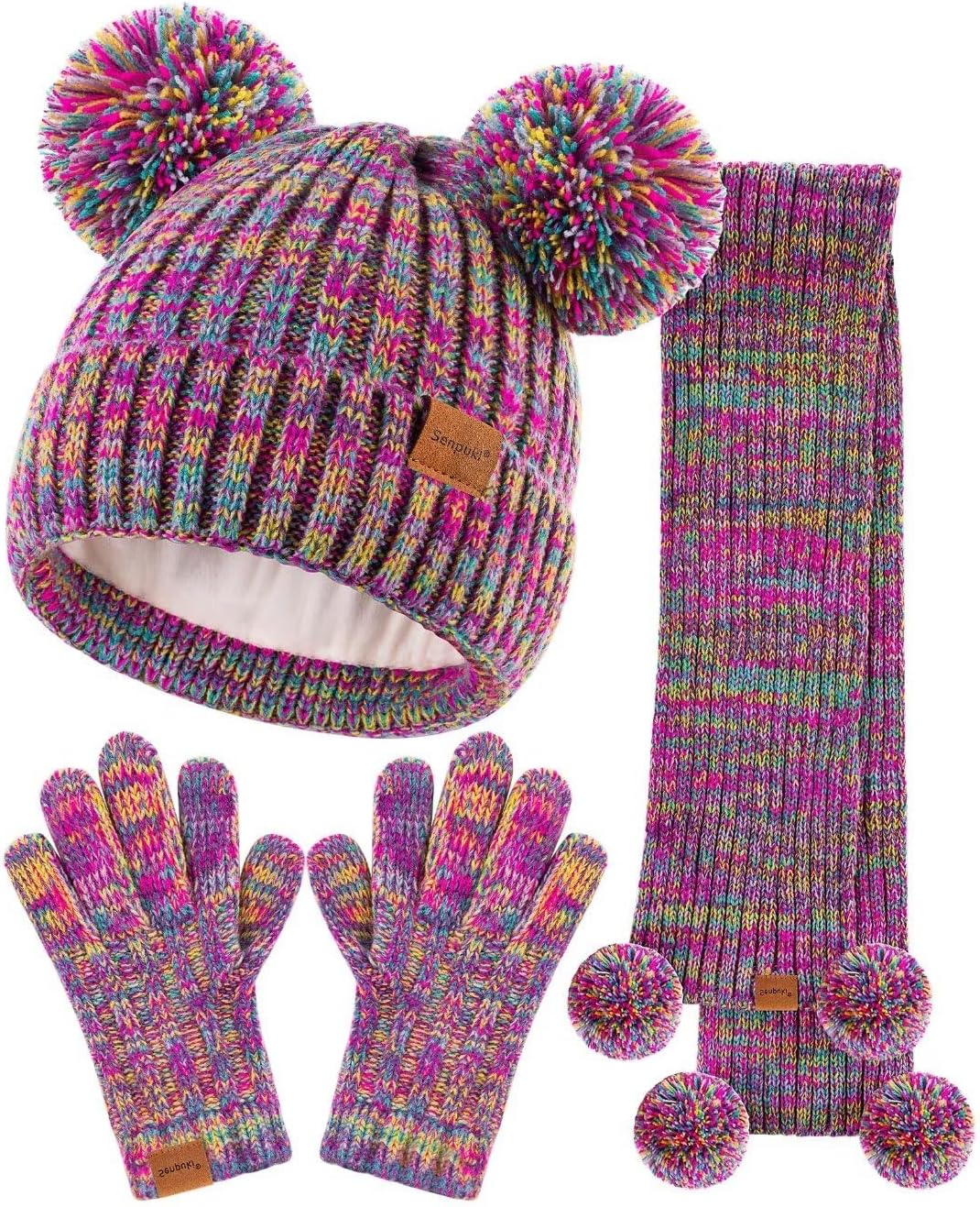 Kids Winter Hat Gloves Scarf Set, Girls Toddler Children Beanie with Pom Knit Ne...
