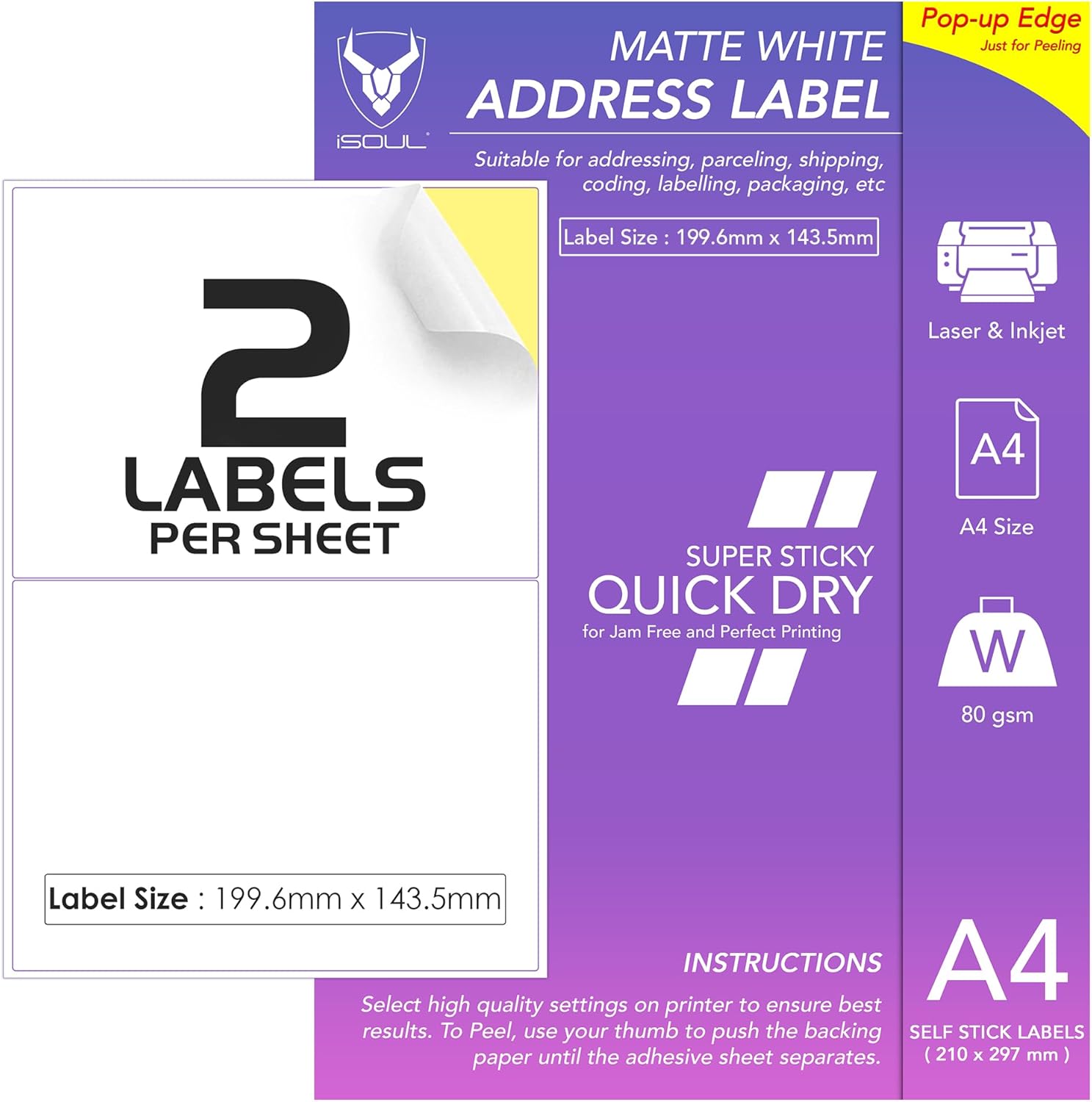 2 Labels Per A4 Sheet, 50 Sheets 100 Sticky Label, Printable Sticker Paper, iSOU...