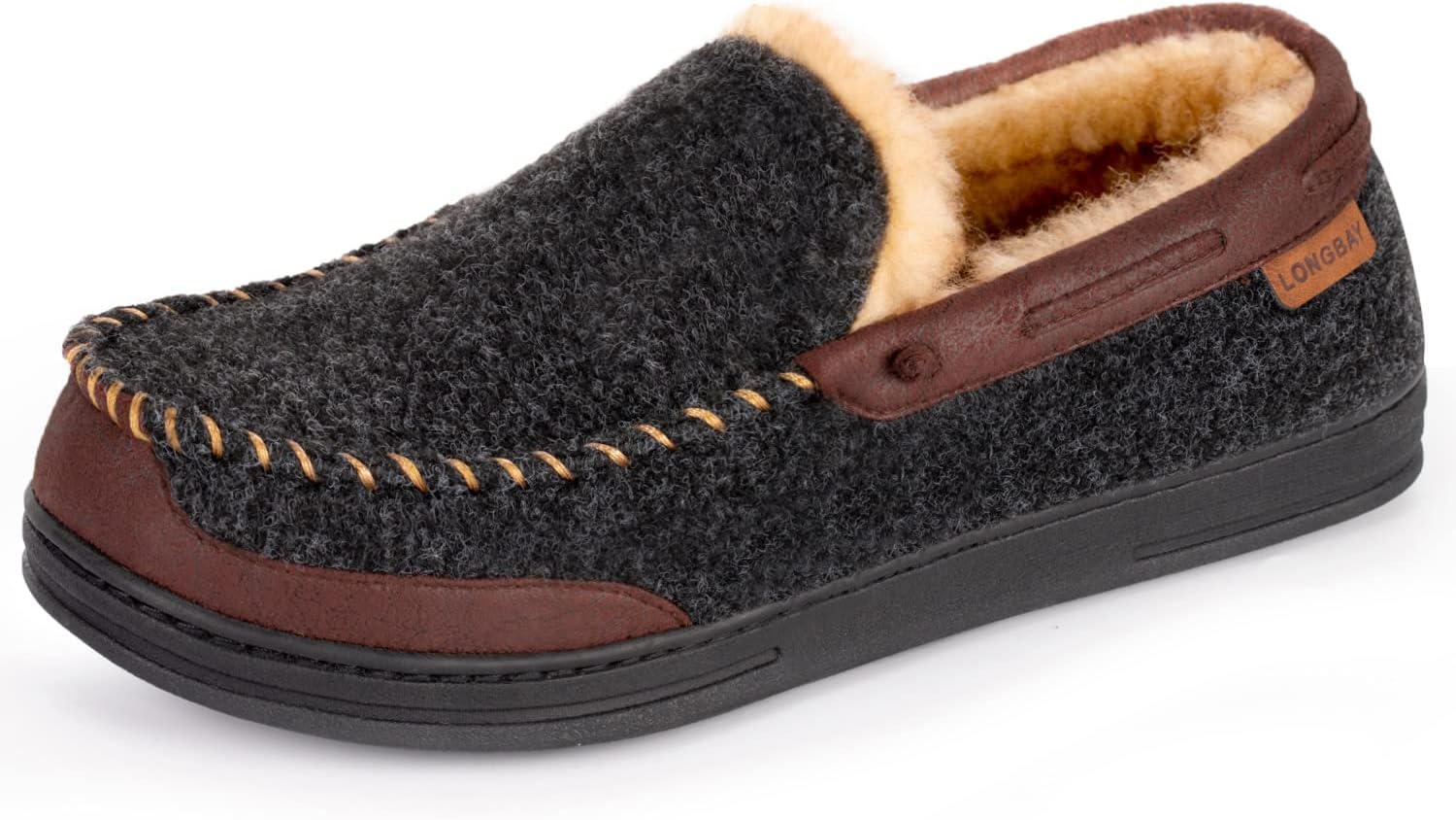 LongBay Men’s Moccasin Slippers Memory Foam Warm House Shoes Indoor Outdoor Rubb...
