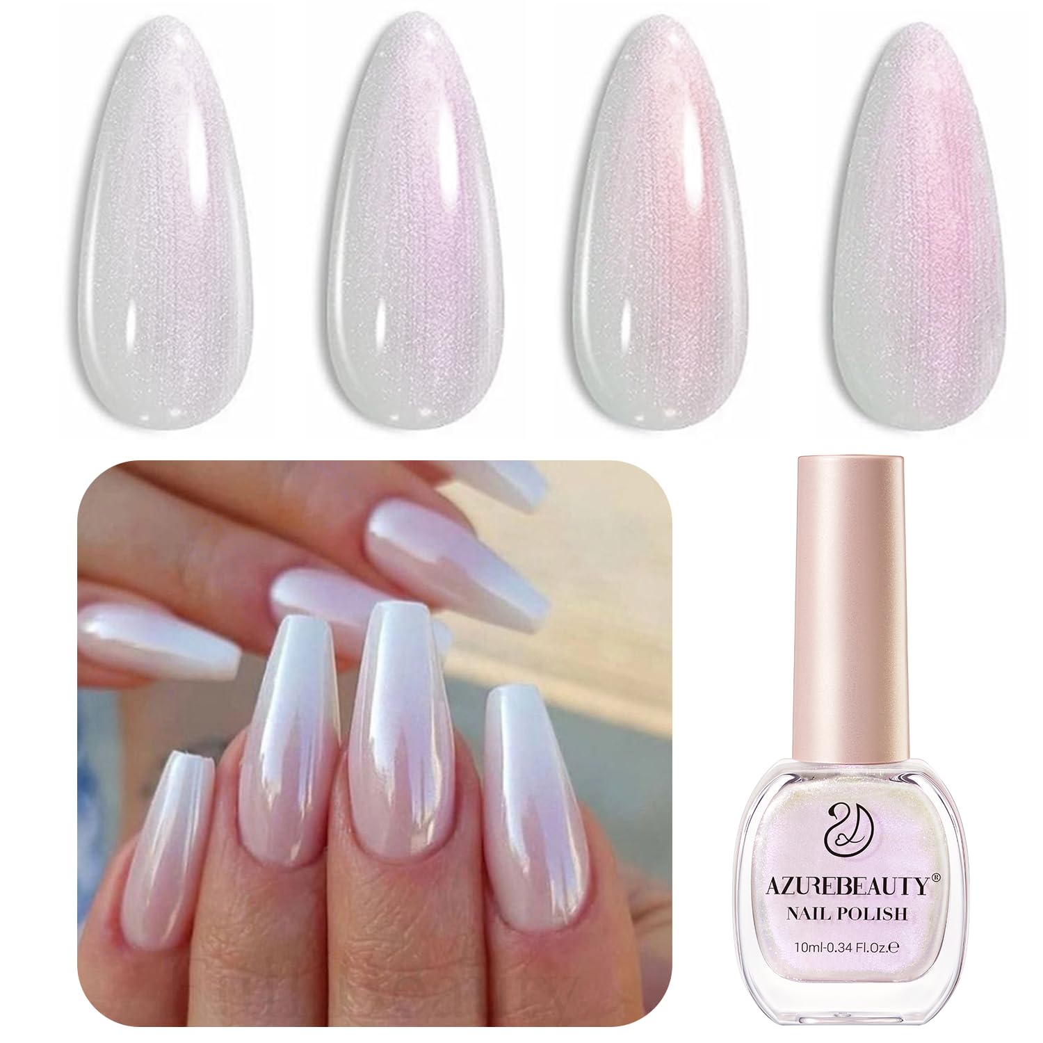 AZUREBEAUTY Vegan Shine White Nail Polish, Glitter Pearl White Quick Dry Complet...