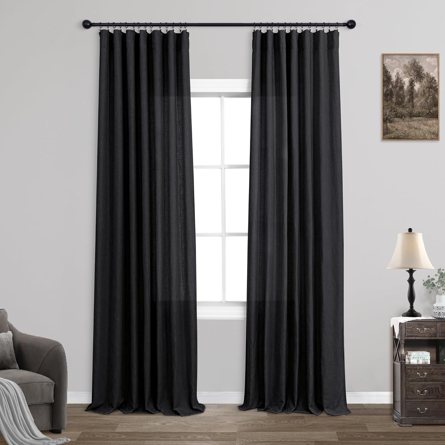KOUFALL Mid Century Modern Curtains, Special Light Filtering Black Linen Semi Sh...